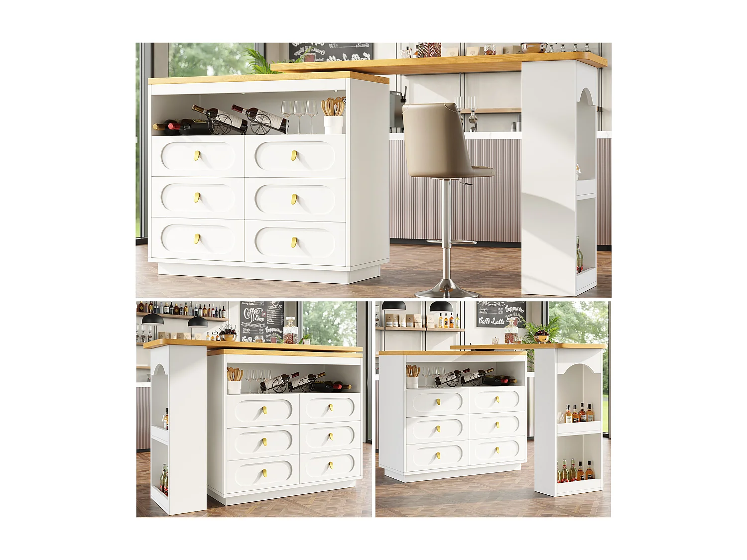 Extendable kitchen bar cabinet - 360° rotation - 203x39x90cm - 6 drawers - with side shelves - White