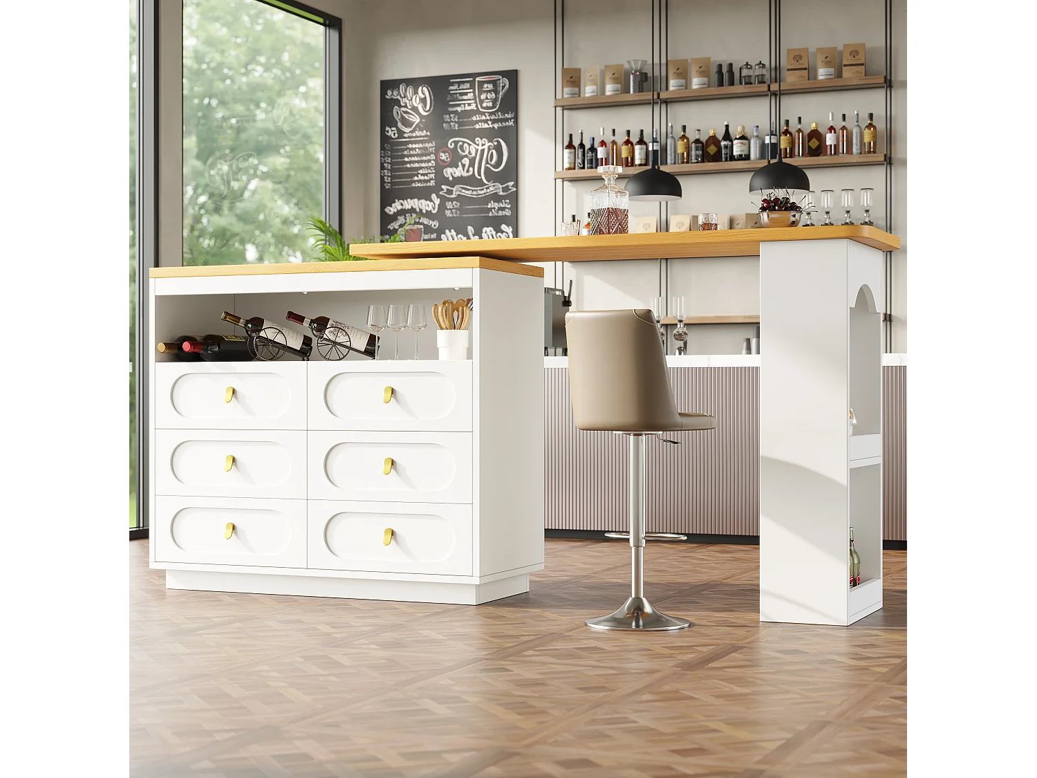 Extendable kitchen bar cabinet - 360° rotation - 203x39x90cm - 6 drawers - with side shelves - White