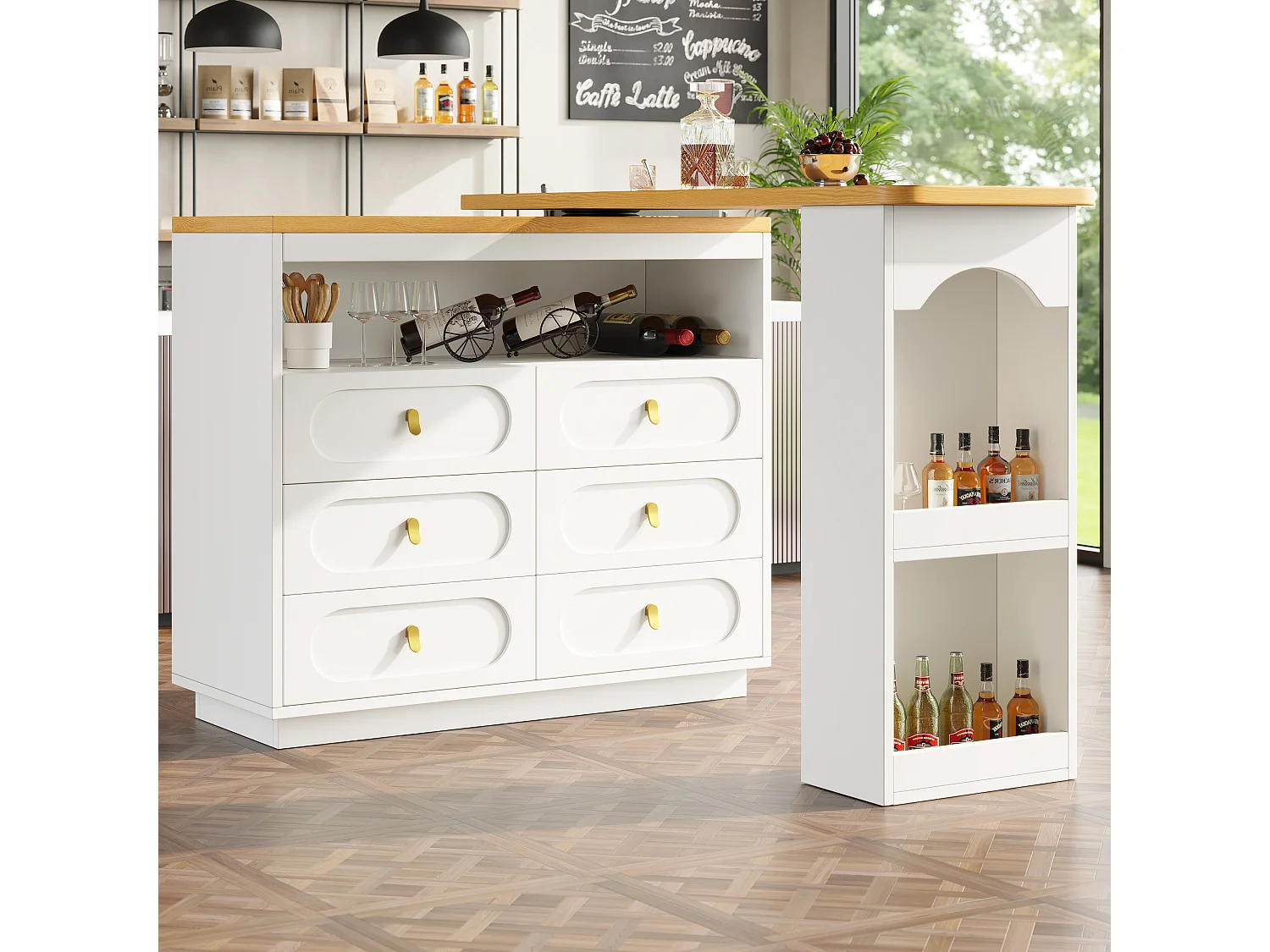 Extendable kitchen bar cabinet - 360° rotation - 203x39x90cm - 6 drawers - with side shelves - White