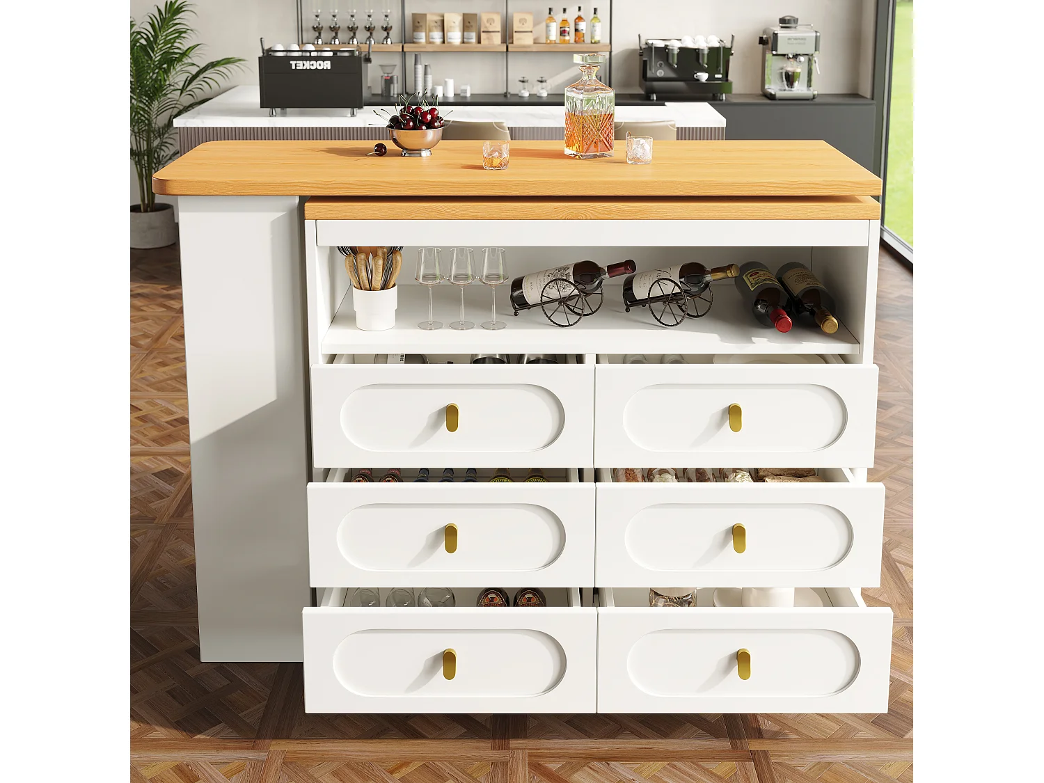 Extendable kitchen bar cabinet - 360° rotation - 203x39x90cm - 6 drawers - with side shelves - White