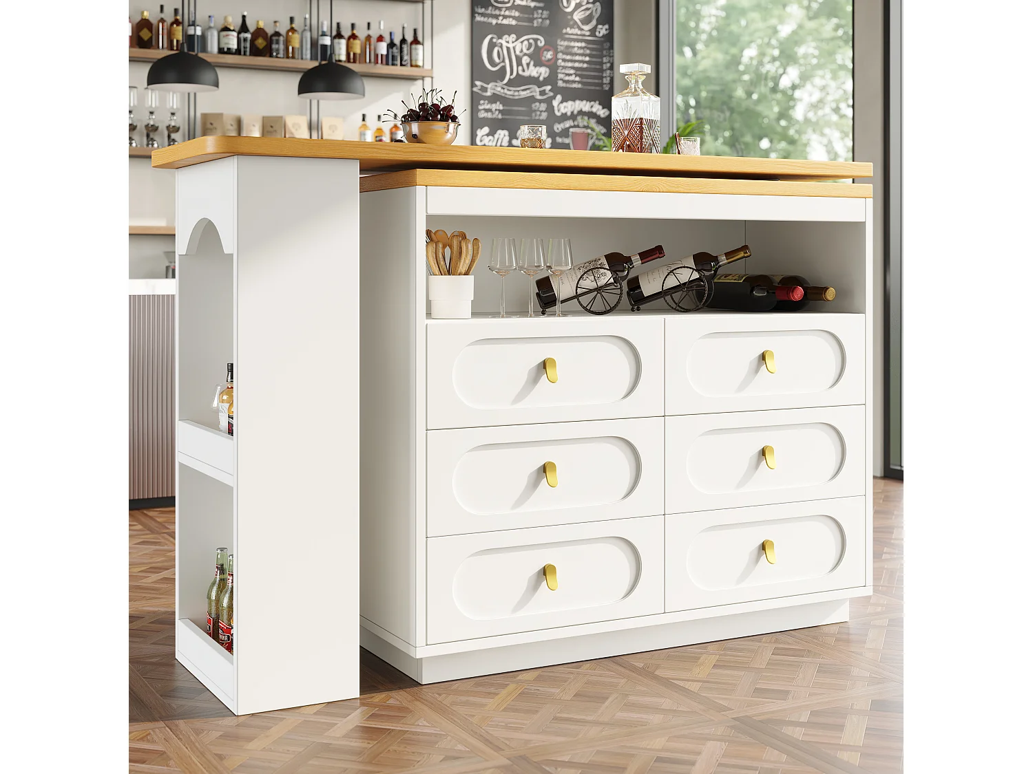 Extendable kitchen bar cabinet - 360° rotation - 203x39x90cm - 6 drawers - with side shelves - White