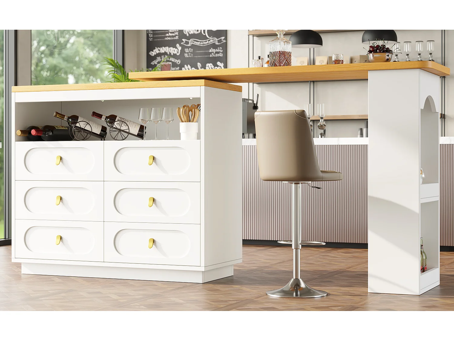 Extendable kitchen bar cabinet - 360° rotation - 203x39x90cm - 6 drawers - with side shelves - White