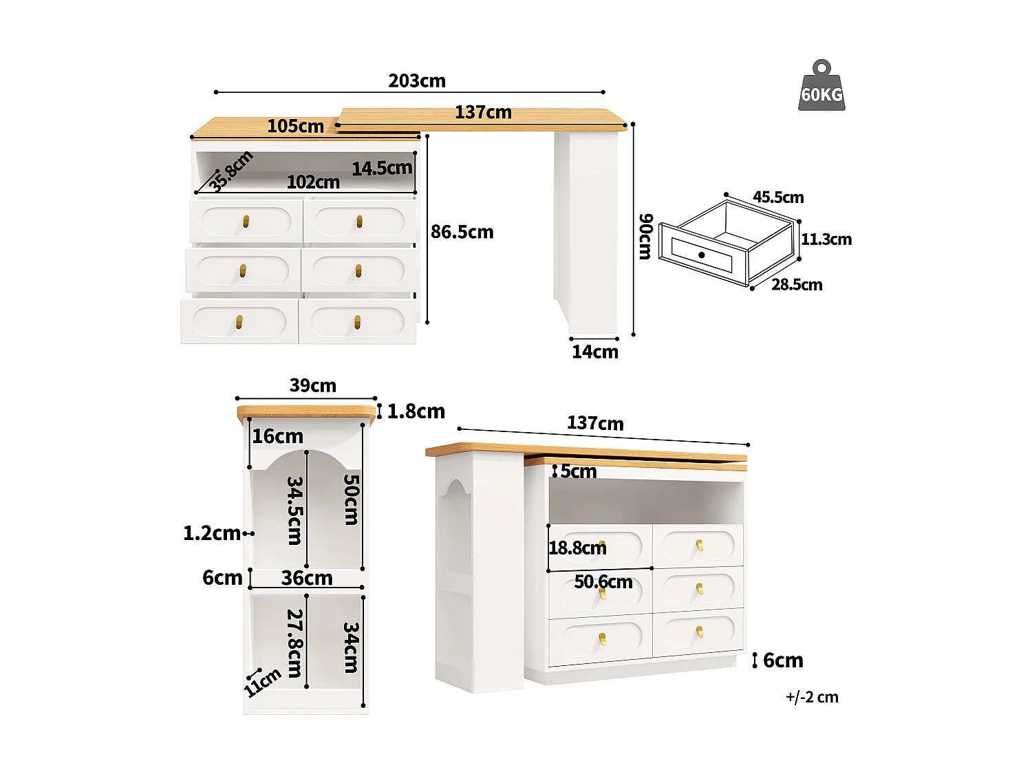 Extendable kitchen bar cabinet - 360° rotation - 203x39x90cm - 6 drawers - with side shelves - White
