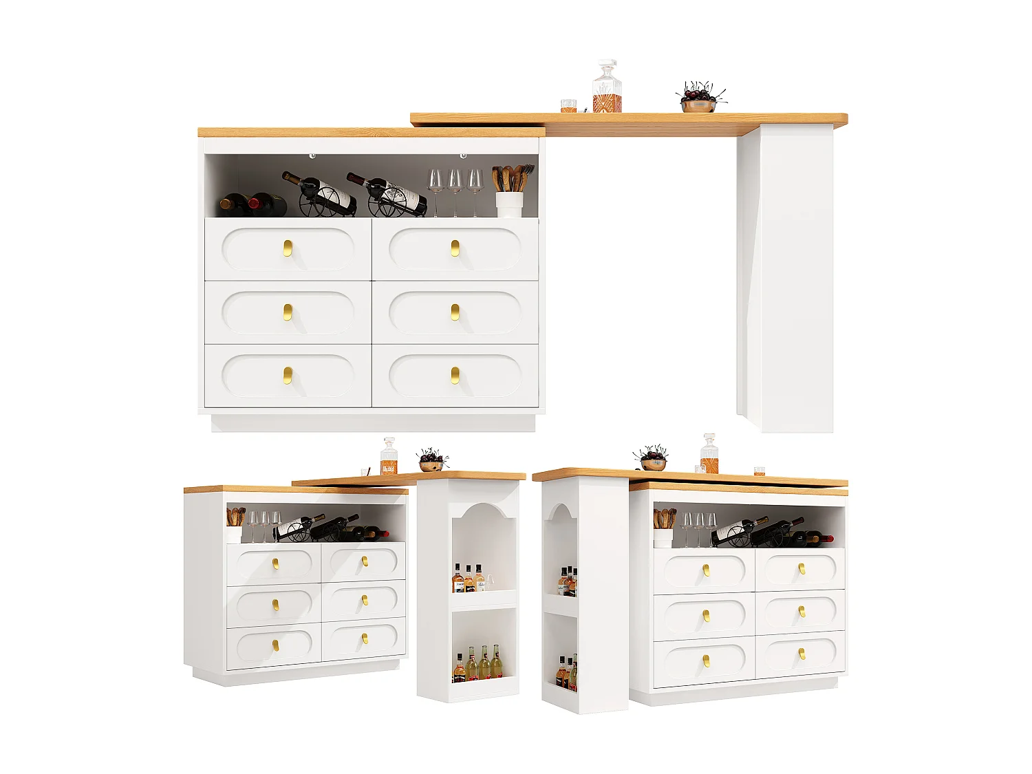 Extendable kitchen bar cabinet - 360° rotation - 203x39x90cm - 6 drawers - with side shelves - White
