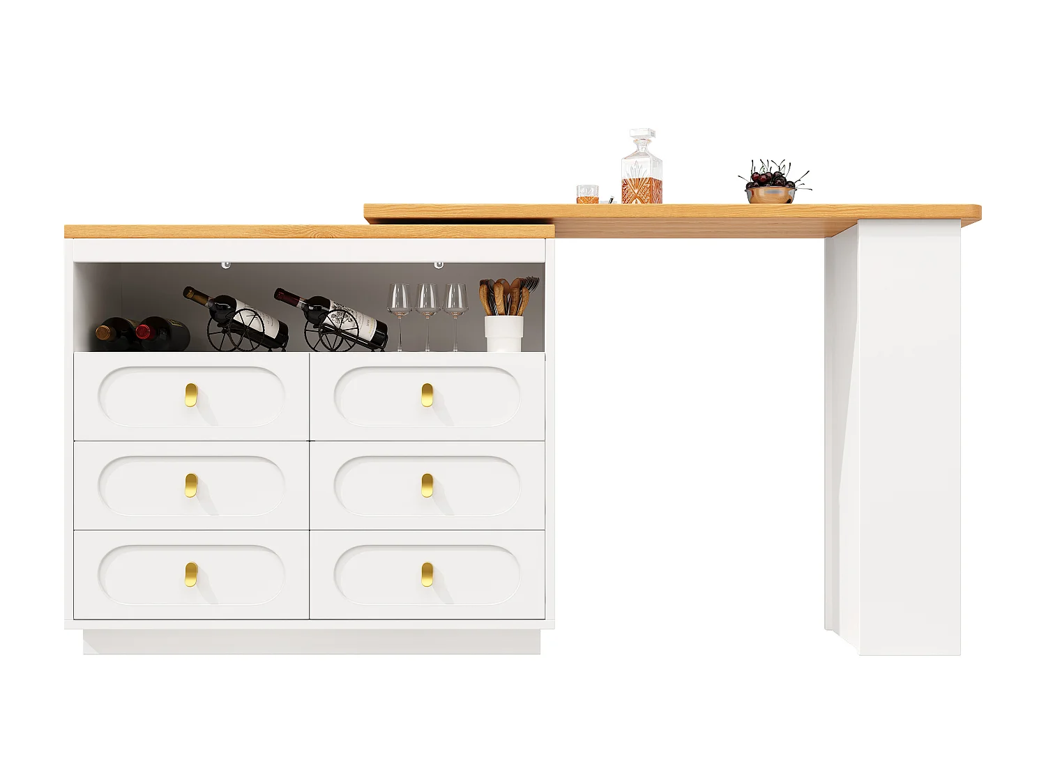 Extendable kitchen bar cabinet - 360° rotation - 203x39x90cm - 6 drawers - with side shelves - White
