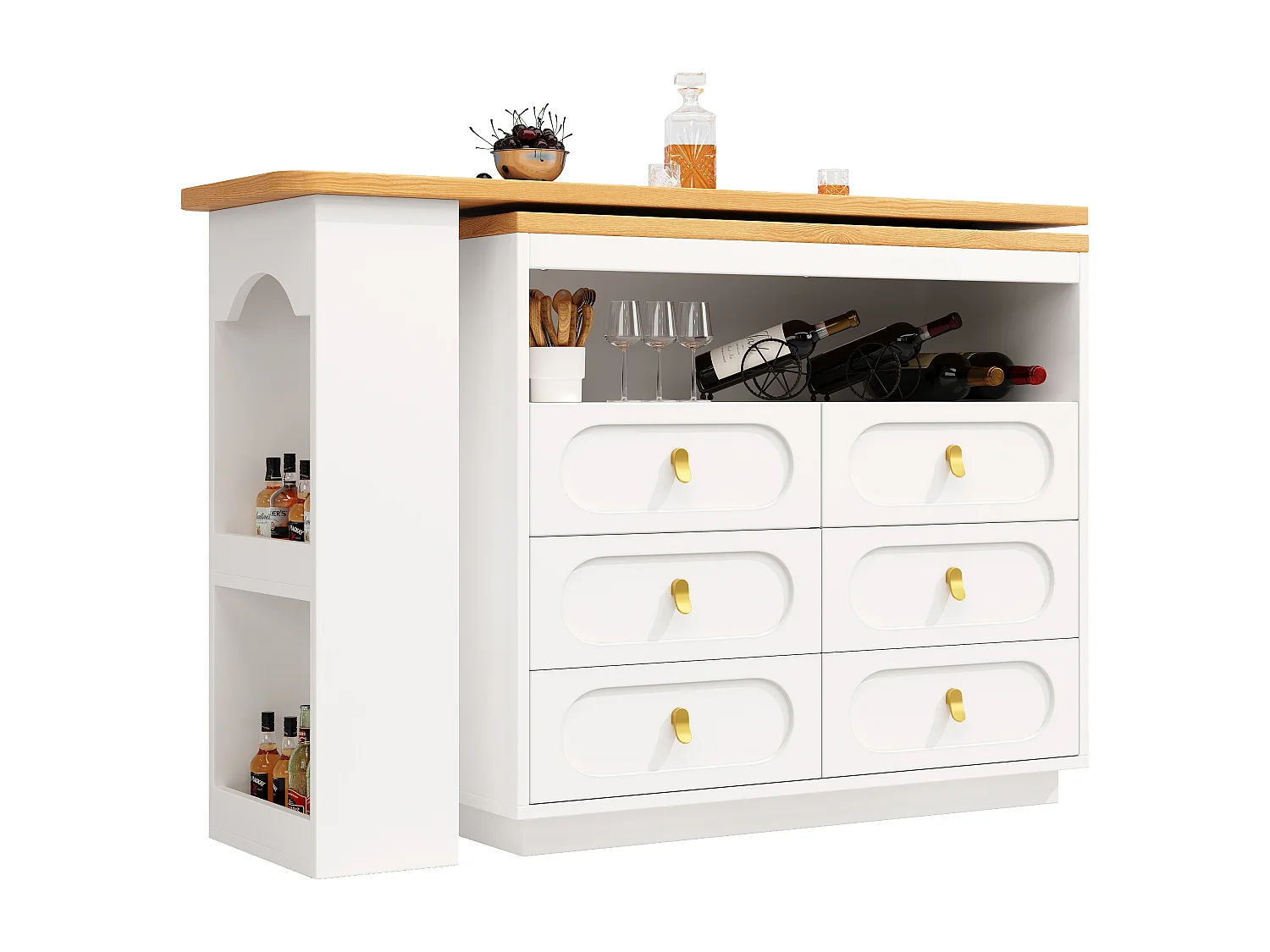 Extendable kitchen bar cabinet - 360° rotation - 203x39x90cm - 6 drawers - with side shelves - White