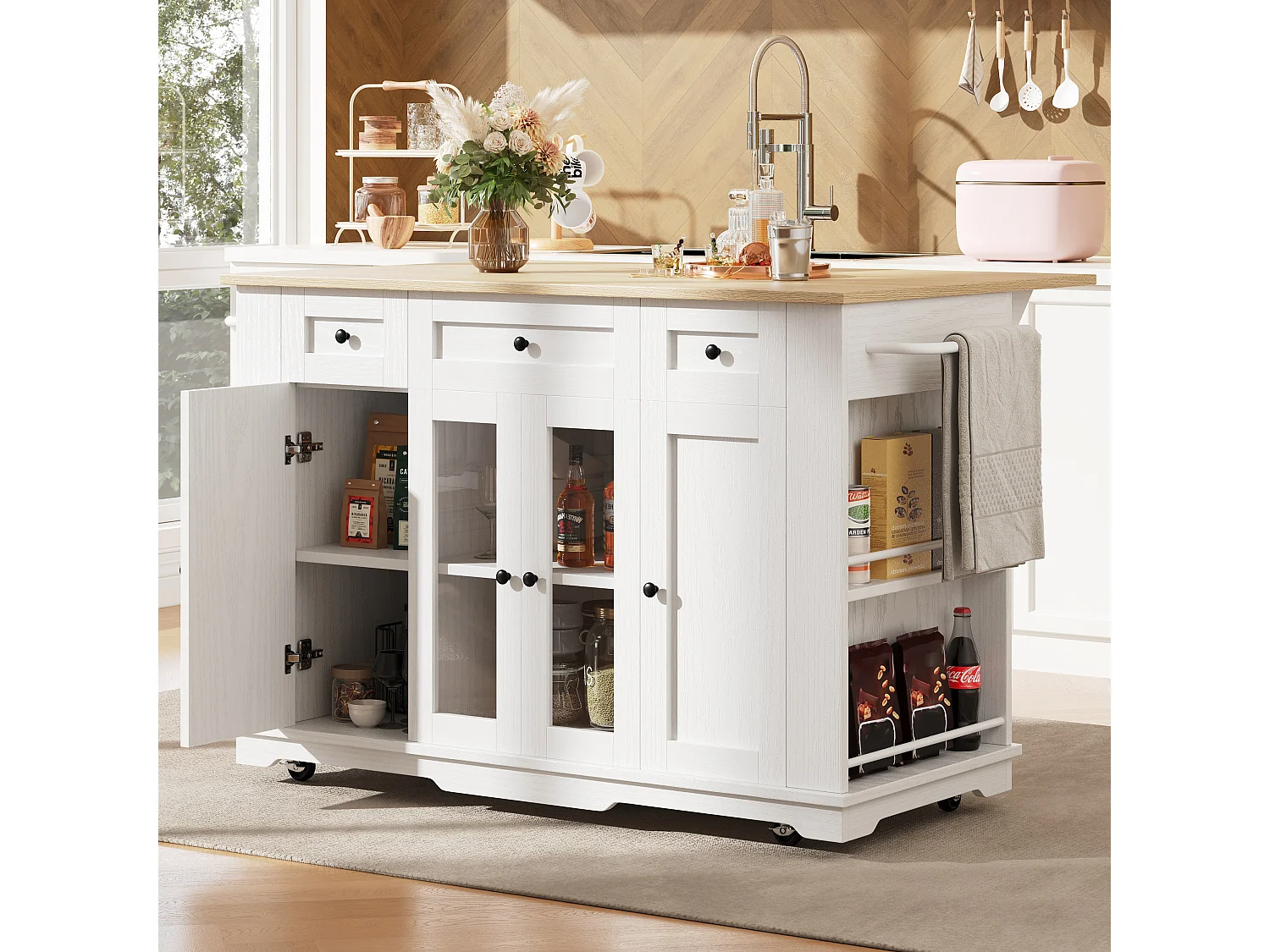 Kitchen island - rolling cart with extendable top - 3 drawers and 6 shelves - White