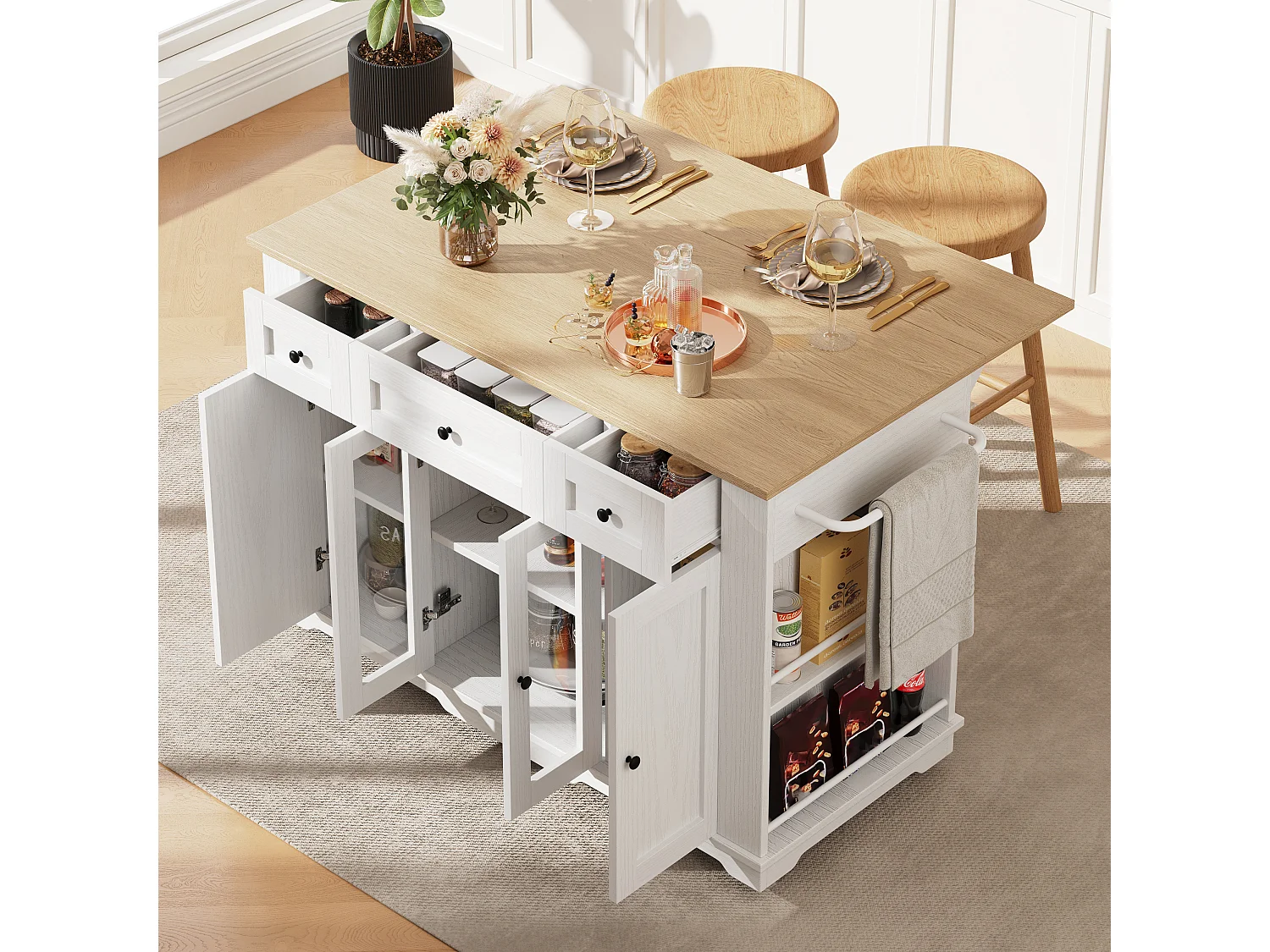 Kitchen island - rolling cart with extendable top - 3 drawers and 6 shelves - White