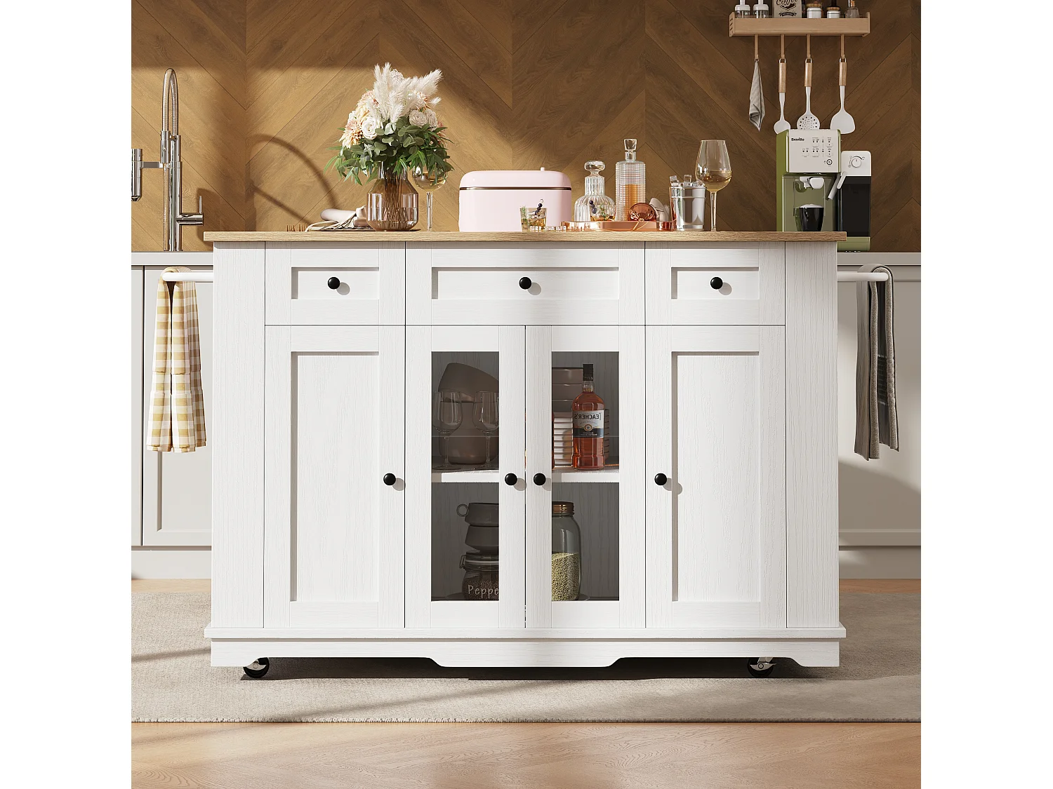 Kitchen island - rolling cart with extendable top - 3 drawers and 6 shelves - White