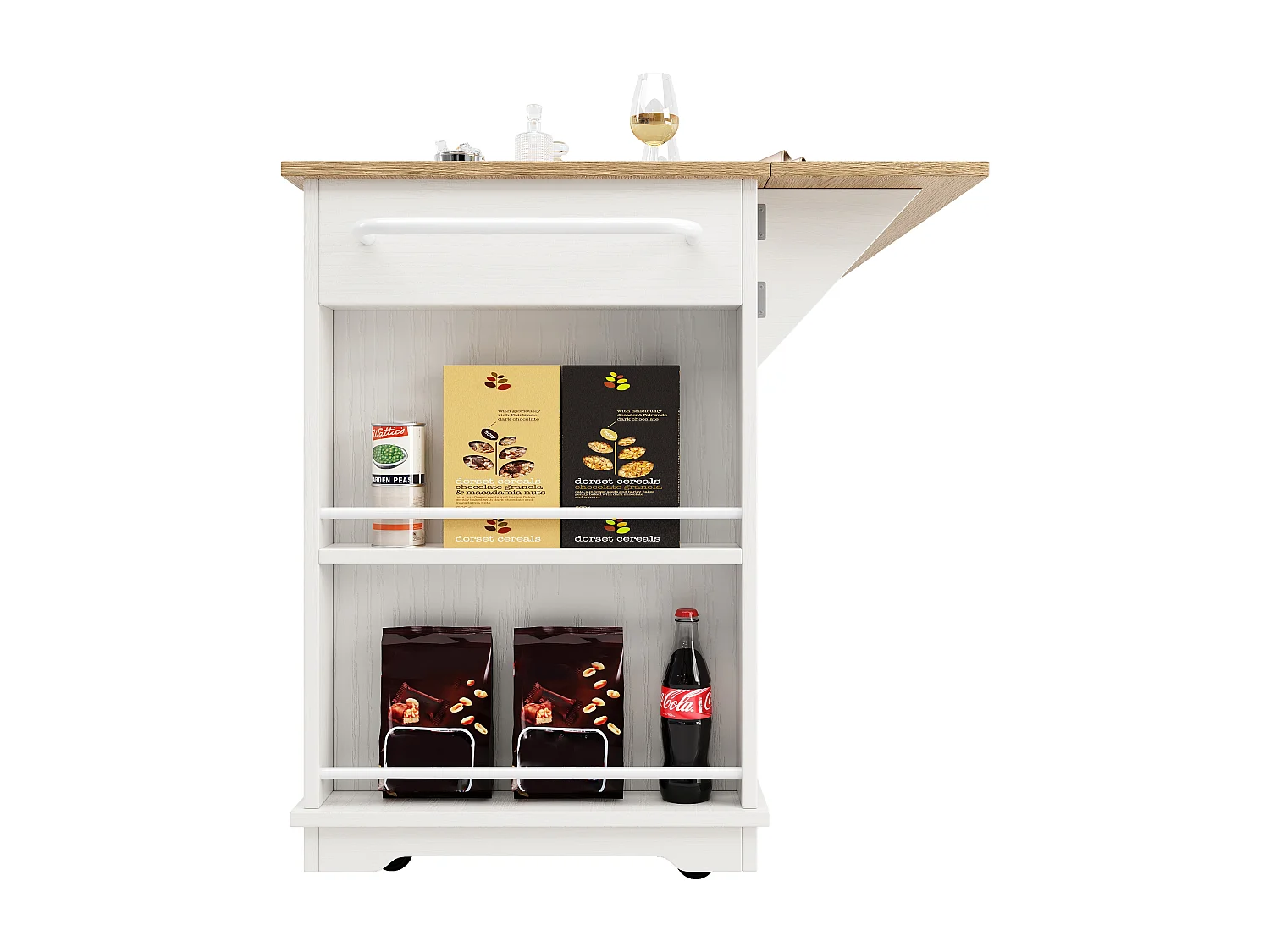 Kitchen island - rolling cart with extendable top - 3 drawers and 6 shelves - White