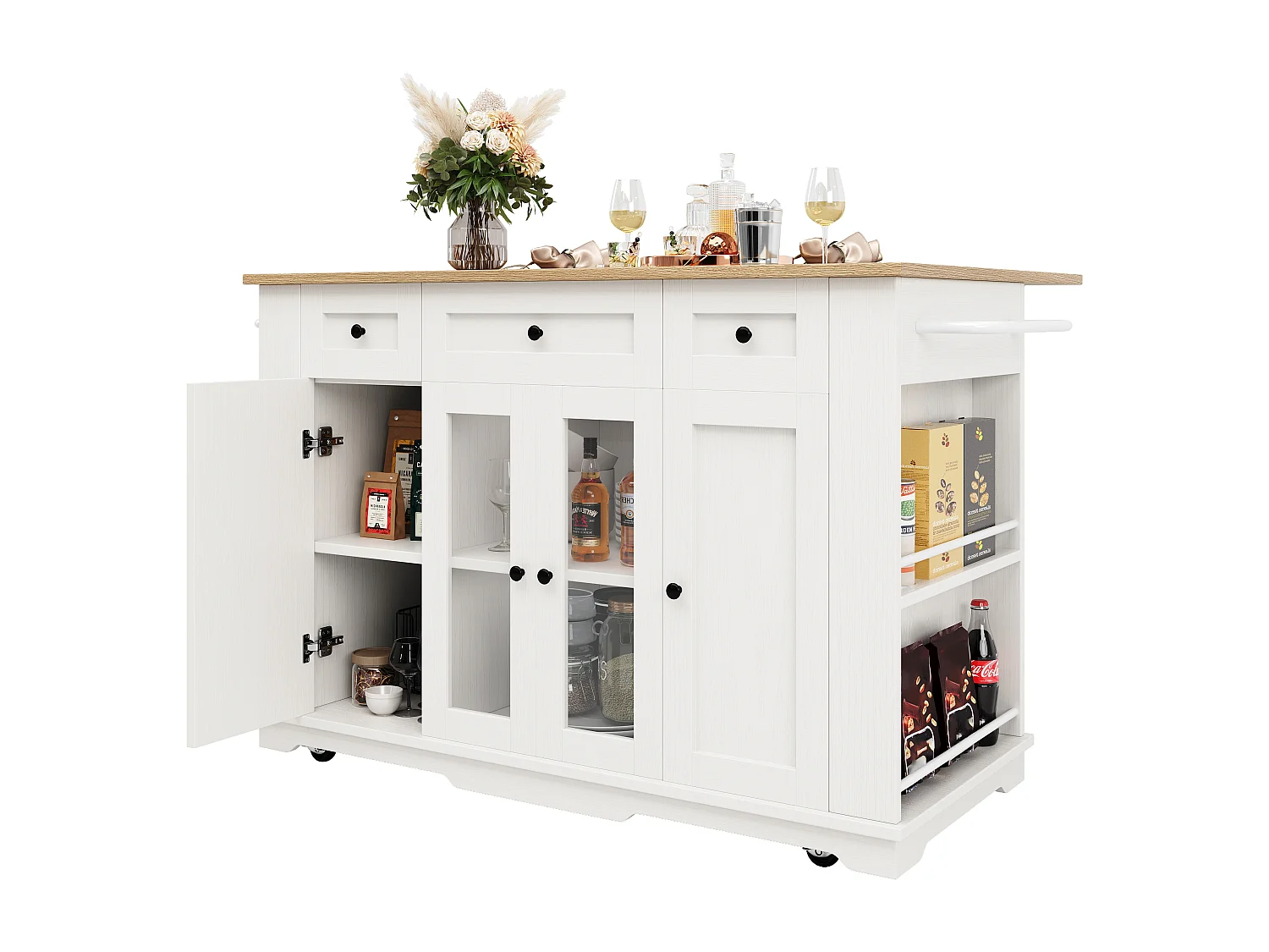 Kitchen island - rolling cart with extendable top - 3 drawers and 6 shelves - White