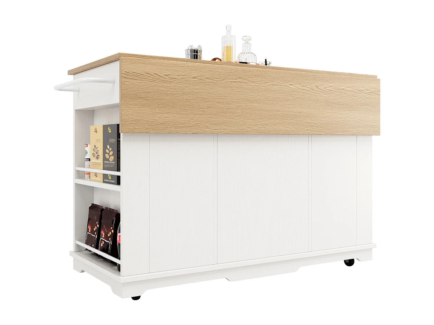 Kitchen island - rolling cart with extendable top - 3 drawers and 6 shelves - White