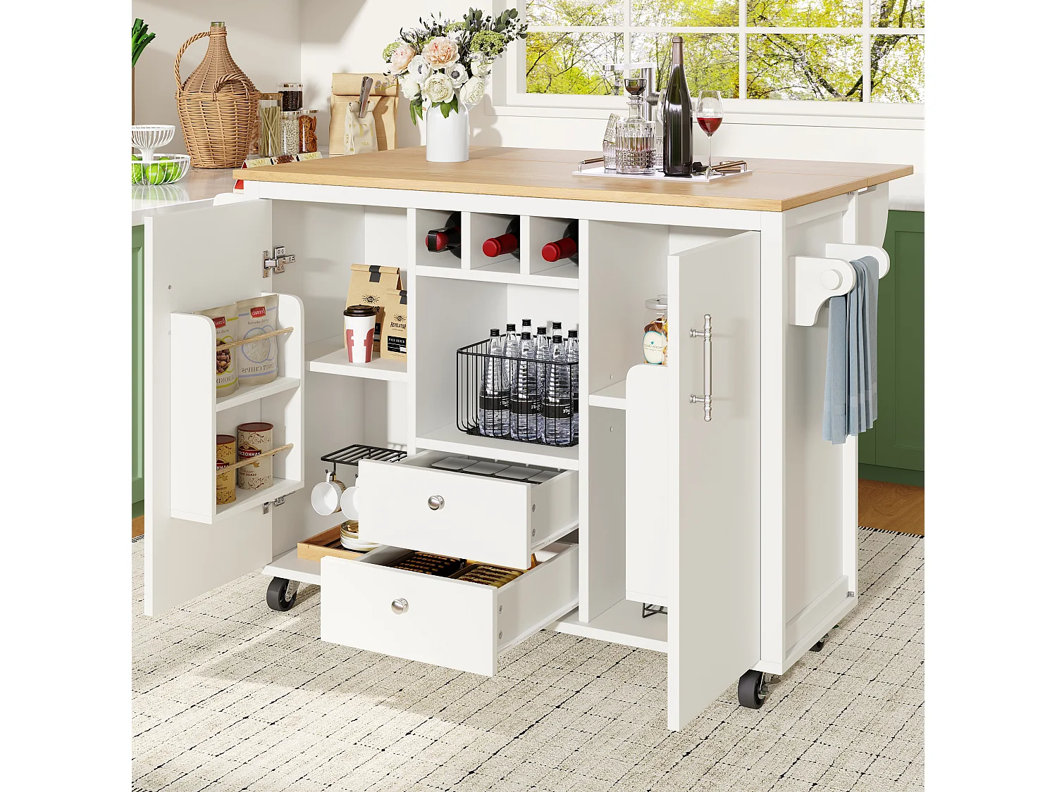 Mobile kitchen island 137.9x73x92.5cm - 2 drawers and 2 doors - extendable top - white