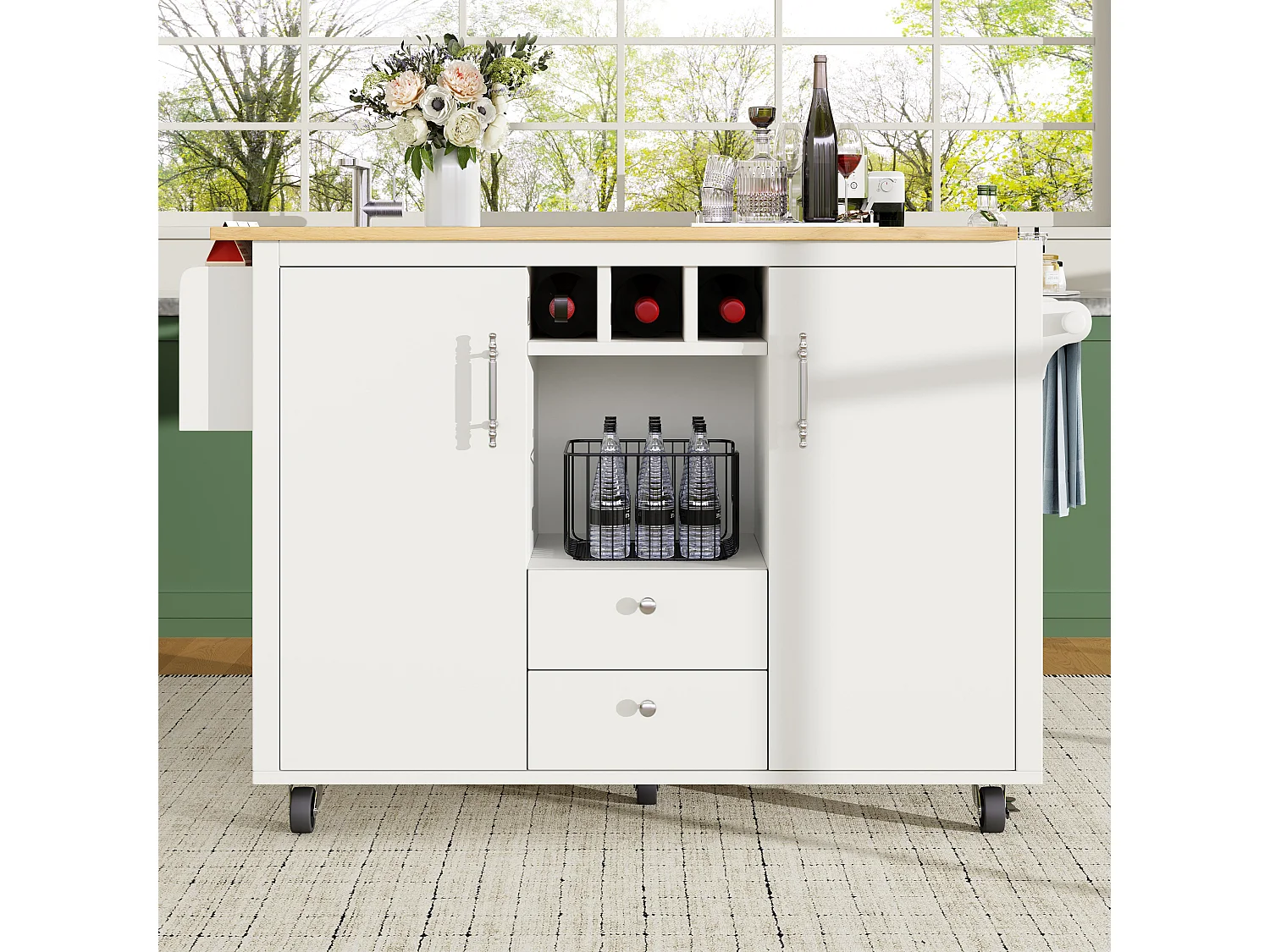 Mobile kitchen island 137.9x73x92.5cm - 2 drawers and 2 doors - extendable top - white