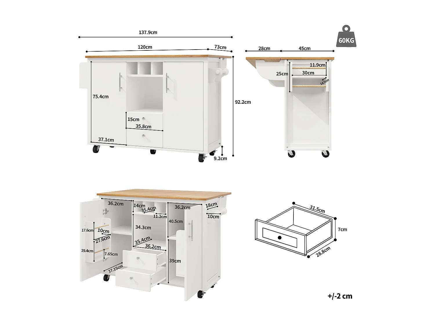 Mobile kitchen island 137.9x73x92.5cm - 2 drawers and 2 doors - extendable top - white