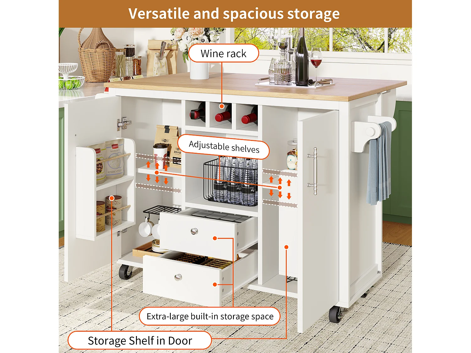 Mobile kitchen island 137.9x73x92.5cm - 2 drawers and 2 doors - extendable top - white
