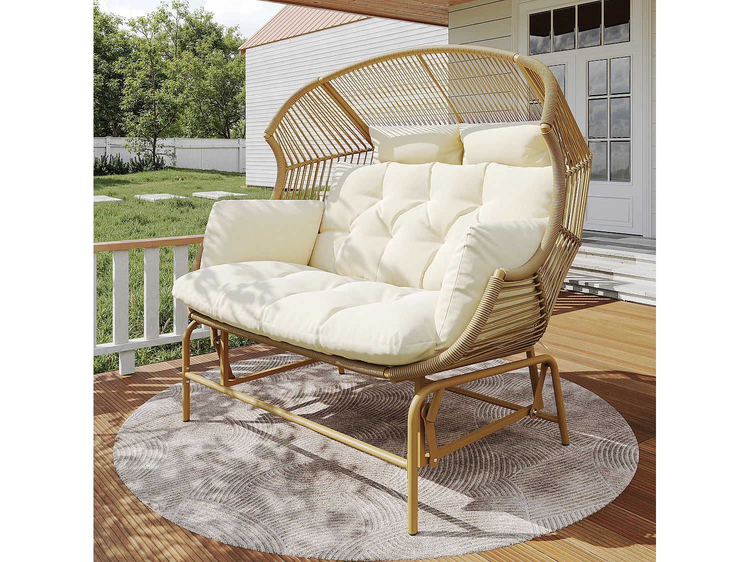 Double Rocking Garden Chair 145x85x143cm - Rocking Chair - PE Rattan + Iron + Waterproof Canvas - Natural