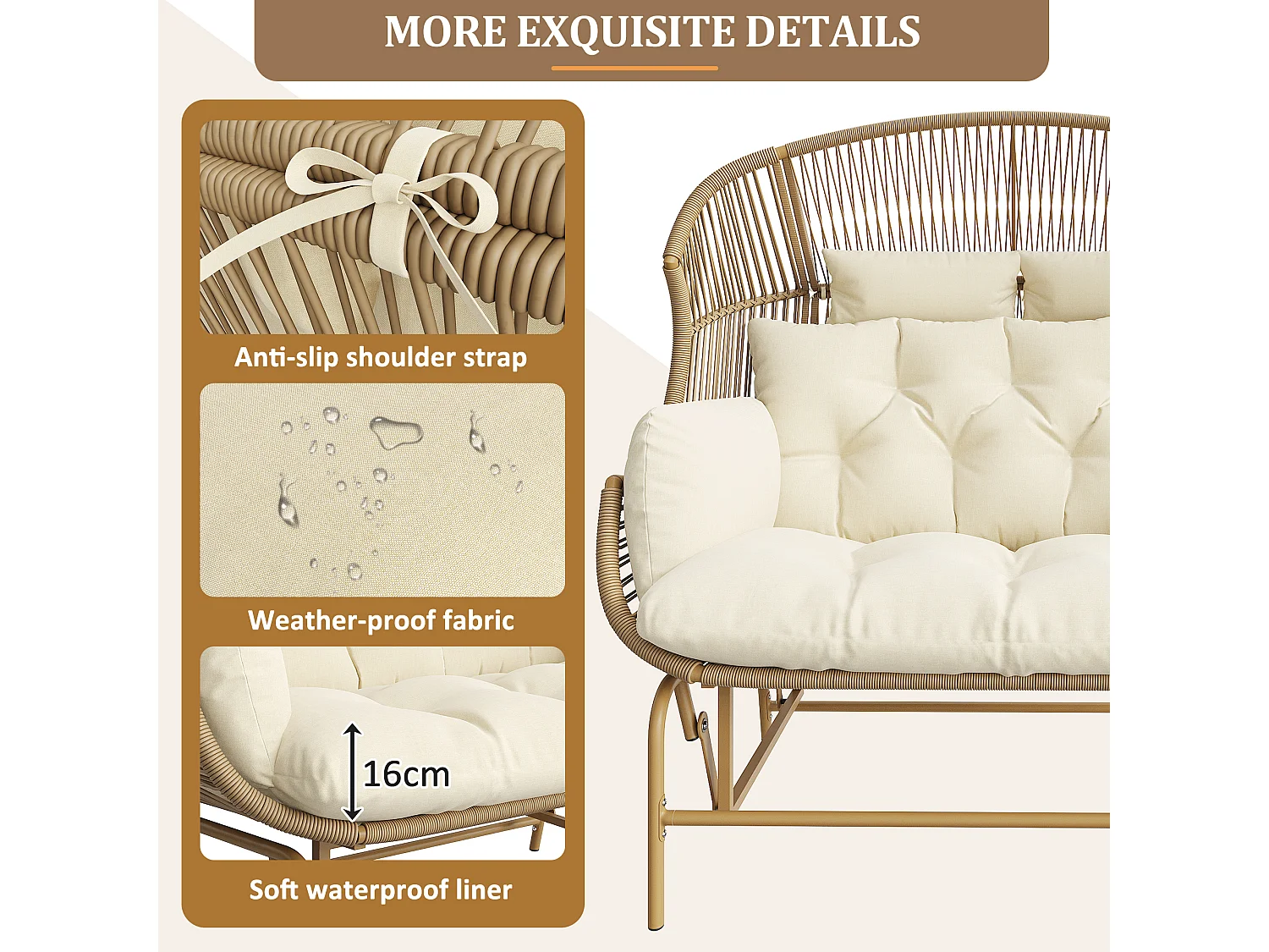 Double Rocking Garden Chair 145x85x143cm - Rocking Chair - PE Rattan + Iron + Waterproof Canvas - Natural