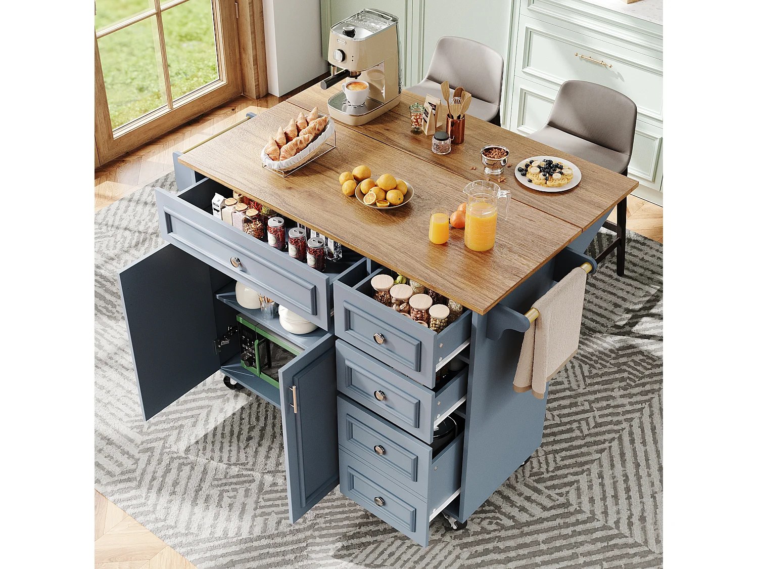 Modern kitchen island 130x45x92cm - 5 drawers and 2 doors - extendable top - with casters - blue