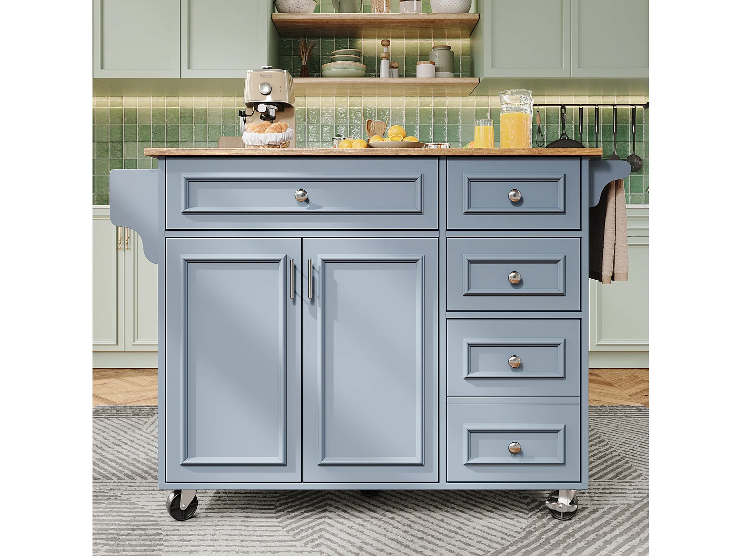 Modern kitchen island 130x45x92cm - 5 drawers and 2 doors - extendable top - with casters - blue