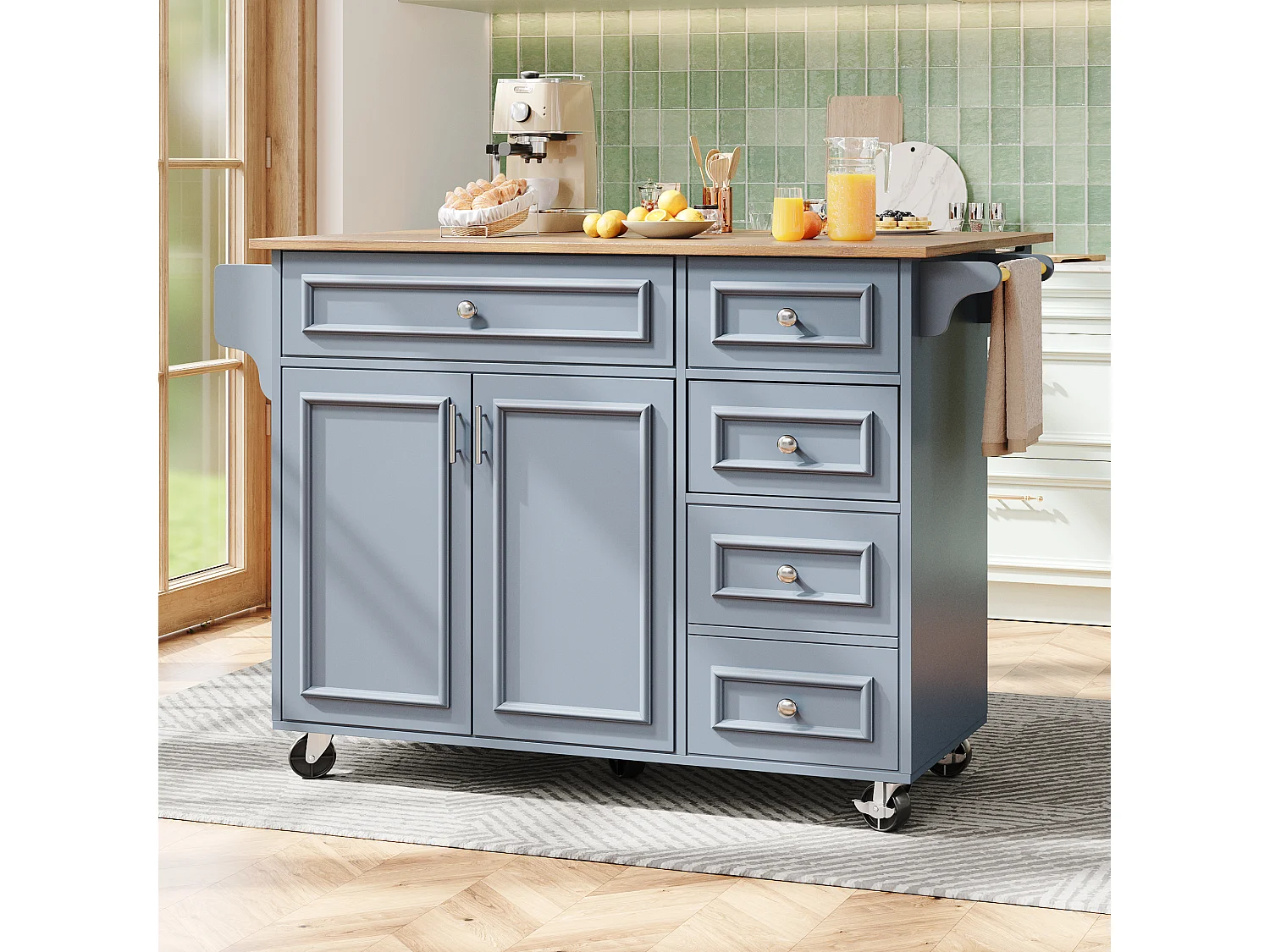 Modern kitchen island 130x45x92cm - 5 drawers and 2 doors - extendable top - with casters - blue