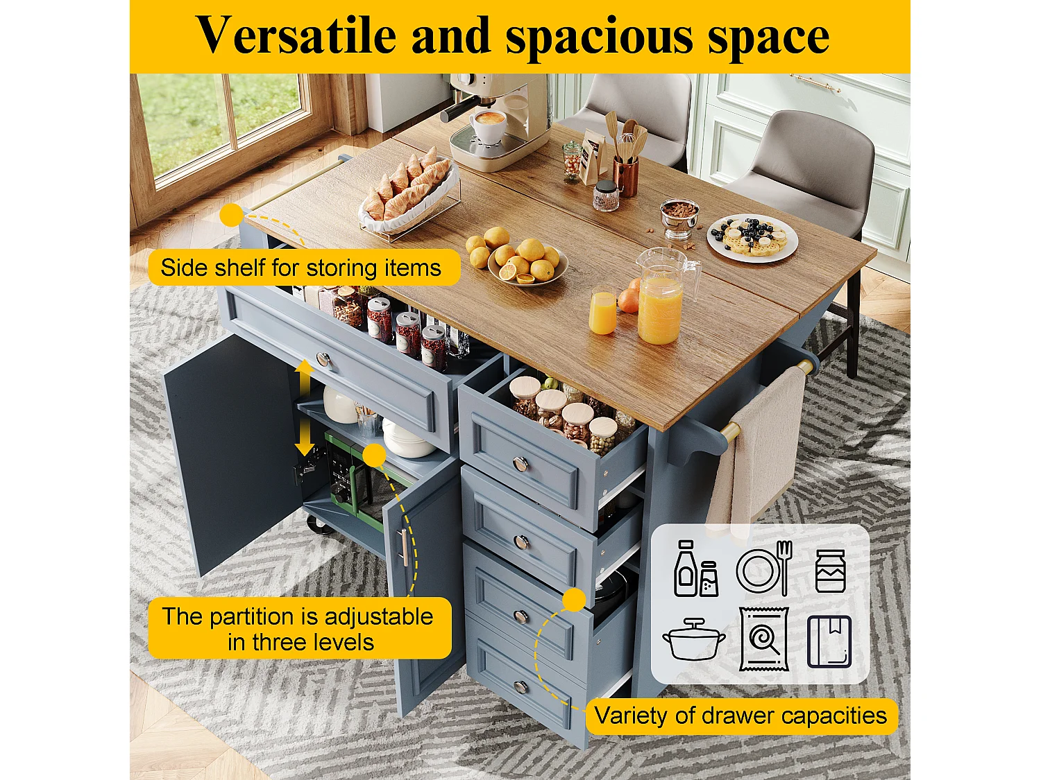 Modern kitchen island 130x45x92cm - 5 drawers and 2 doors - extendable top - with casters - blue