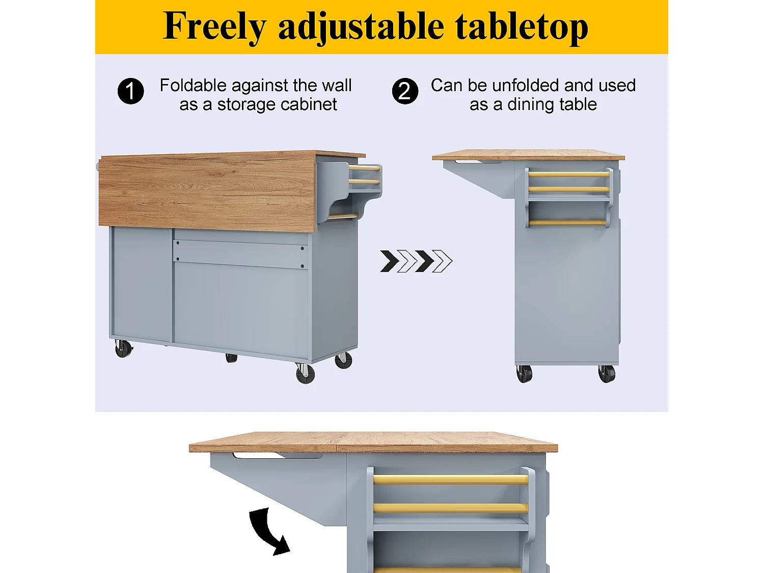 Modern kitchen island 130x45x92cm - 5 drawers and 2 doors - extendable top - with casters - blue