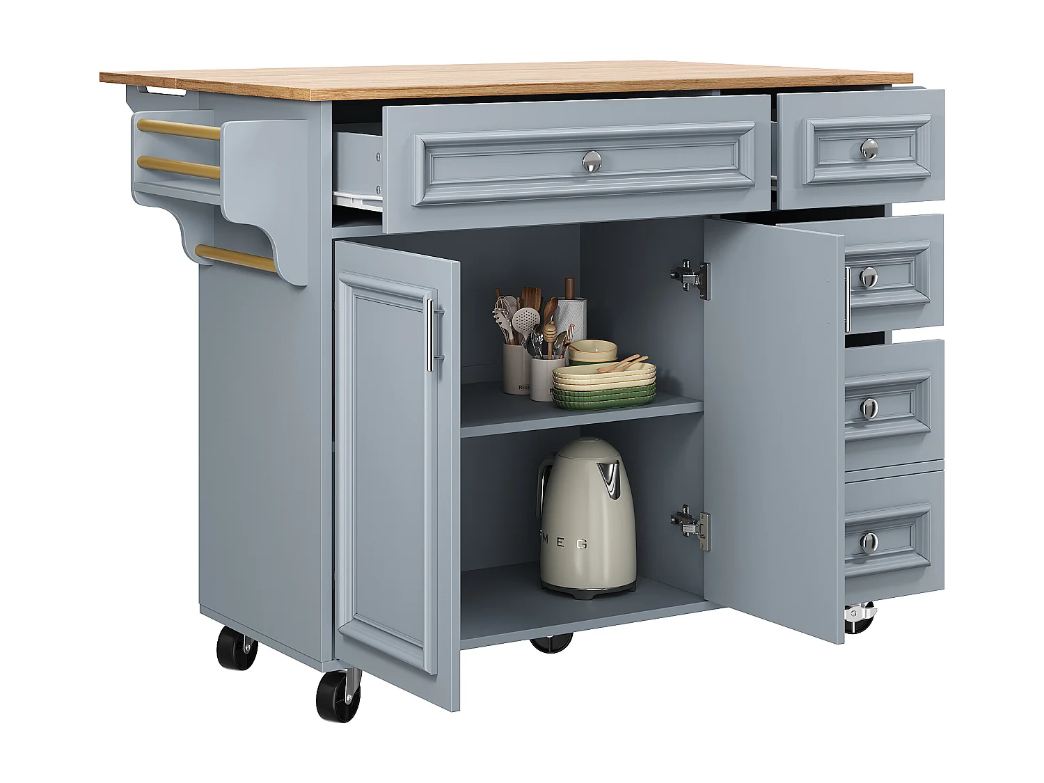 Modern kitchen island 130x45x92cm - 5 drawers and 2 doors - extendable top - with casters - blue