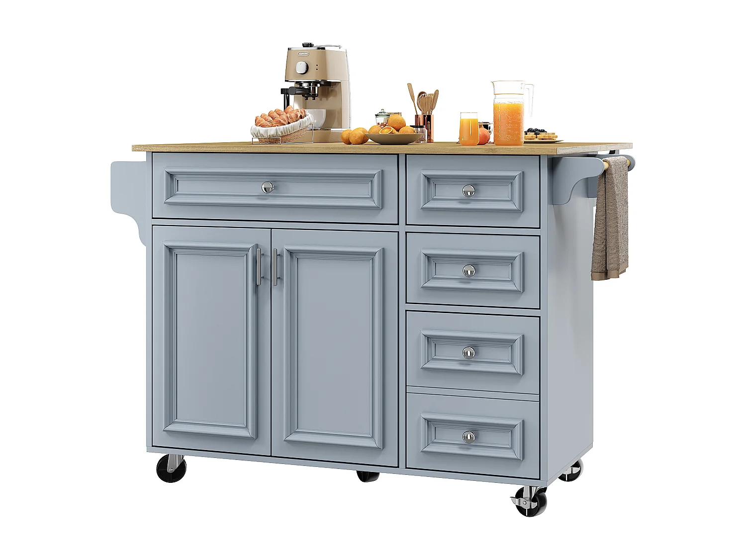 Modern kitchen island 130x45x92cm - 5 drawers and 2 doors - extendable top - with casters - blue