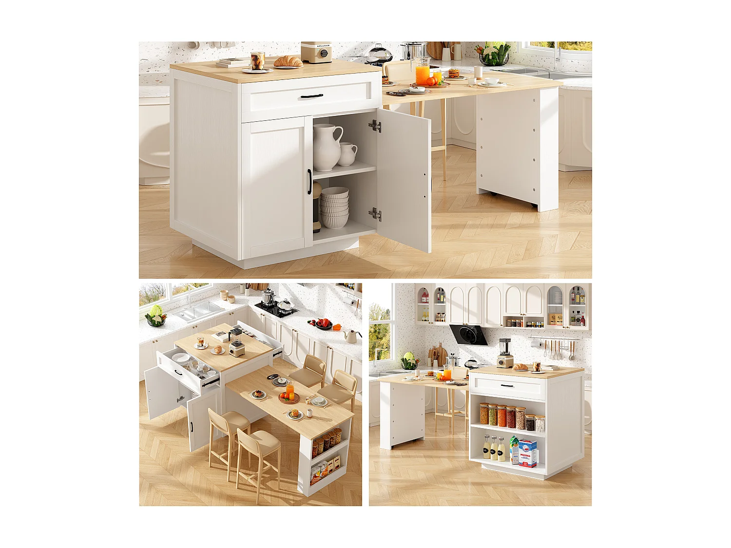 Kitchen island with 2 doors and 2 drawers - Extendable top - Open shelves - 133(202)x59x93.5 cm - Seats 2 to 6 - White and natural finish