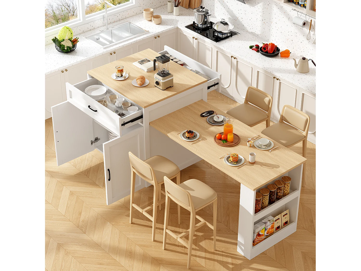 Kitchen island with 2 doors and 2 drawers - Extendable top - Open shelves - 133(202)x59x93.5 cm - Seats 2 to 6 - White and natural finish