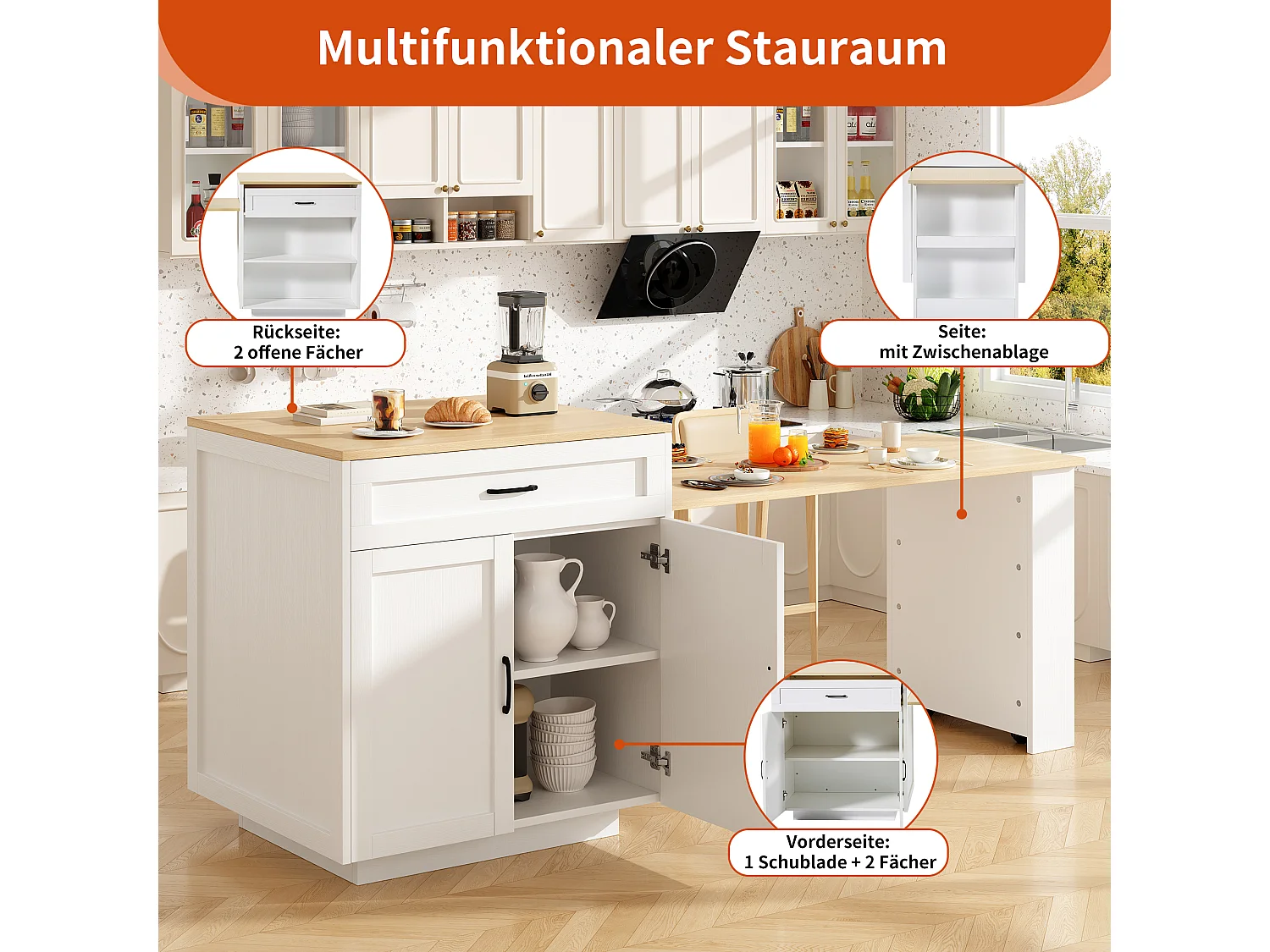 Kitchen island with 2 doors and 2 drawers - Extendable top - Open shelves - 133(202)x59x93.5 cm - Seats 2 to 6 - White and natural finish