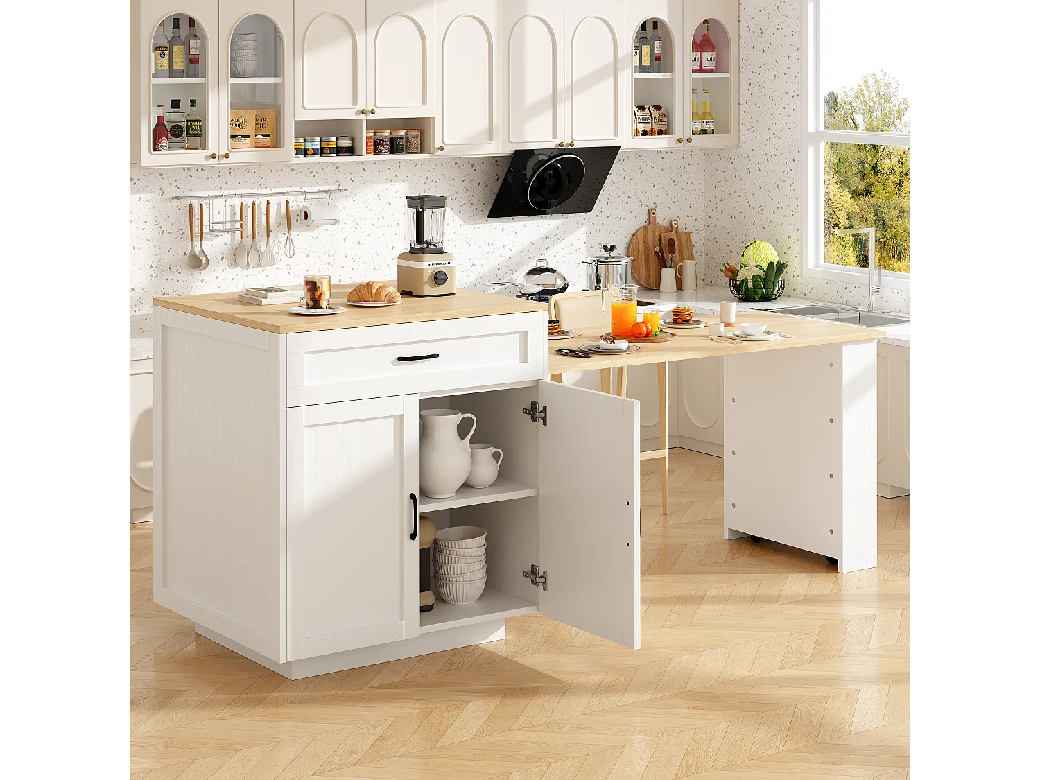 Kitchen island with 2 doors and 2 drawers - Extendable top - Open shelves - 133(202)x59x93.5 cm - Seats 2 to 6 - White and natural finish