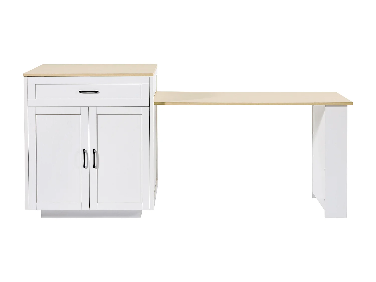 Kitchen island with 2 doors and 2 drawers - Extendable top - Open shelves - 133(202)x59x93.5 cm - Seats 2 to 6 - White and natural finish