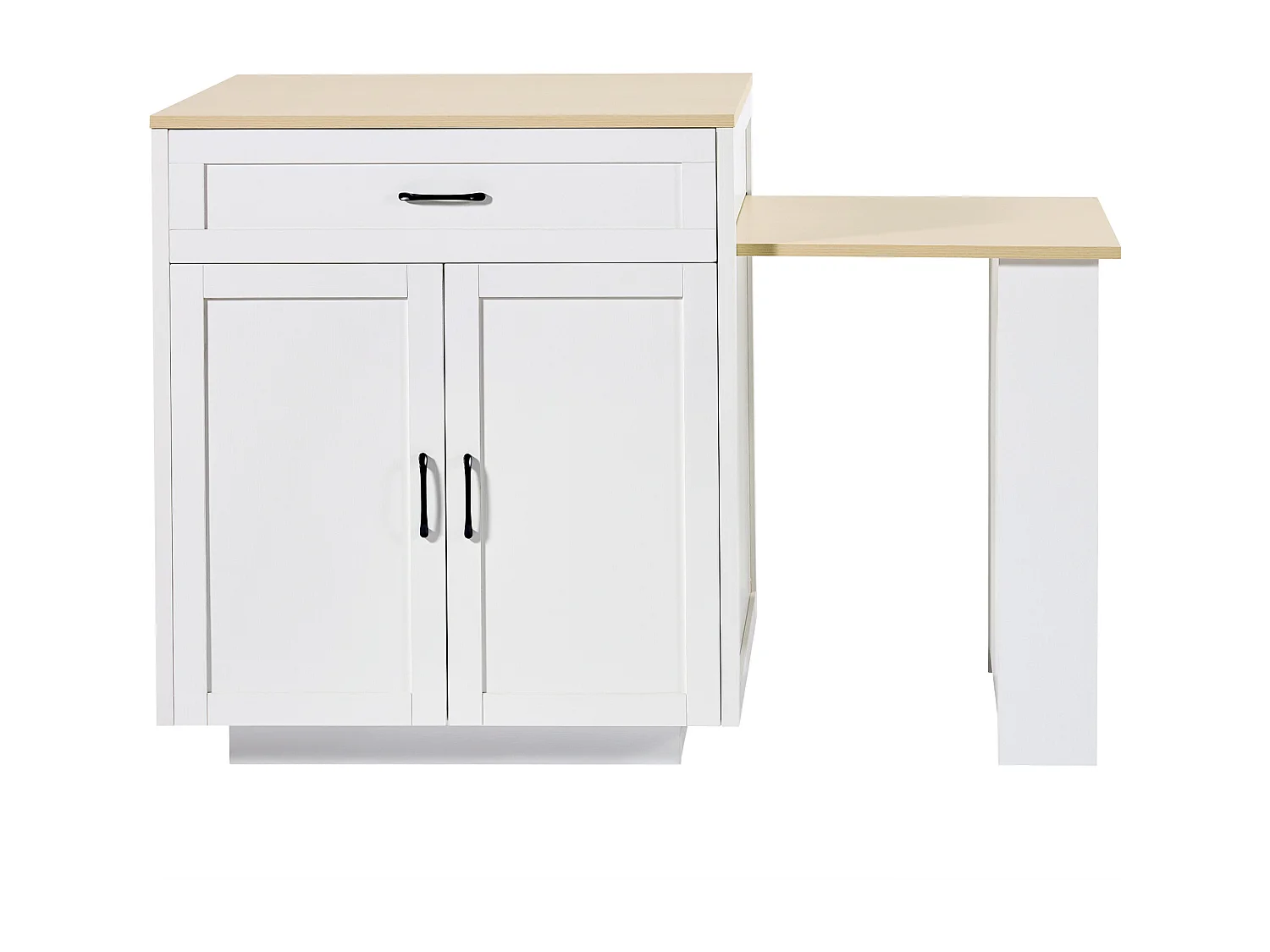 Kitchen island with 2 doors and 2 drawers - Extendable top - Open shelves - 133(202)x59x93.5 cm - Seats 2 to 6 - White and natural finish