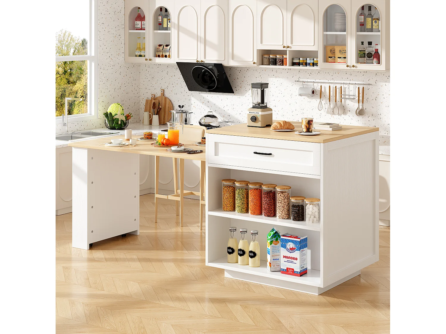 Kitchen island with 2 doors and 2 drawers - Extendable top - Open shelves - 133(202)x59x93.5 cm - Seats 2 to 6 - White and natural finish