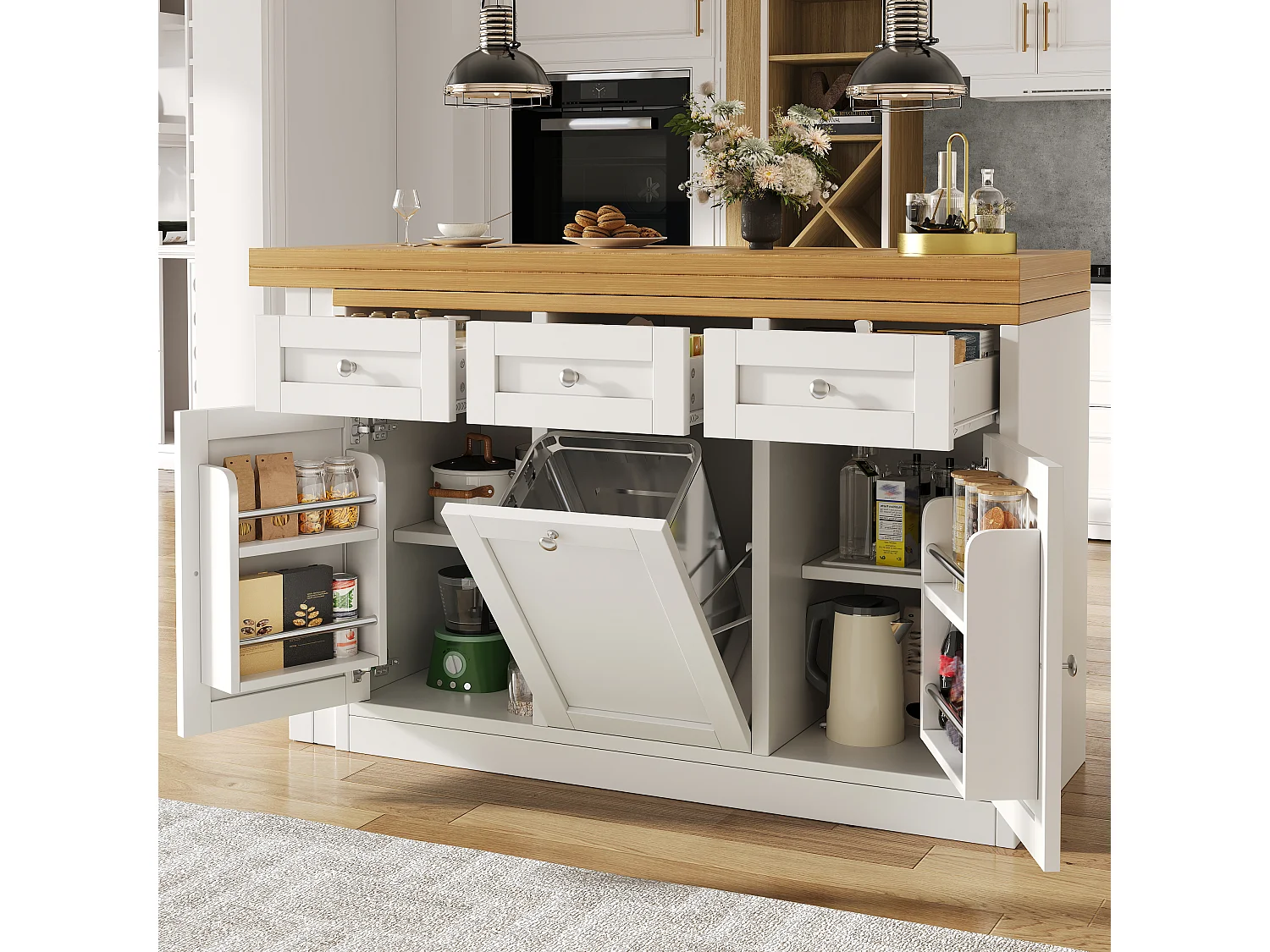 Extendable Bar Table 120-200 cm, Modular Dining Table with Drawer and Door Storage for Snacks - White