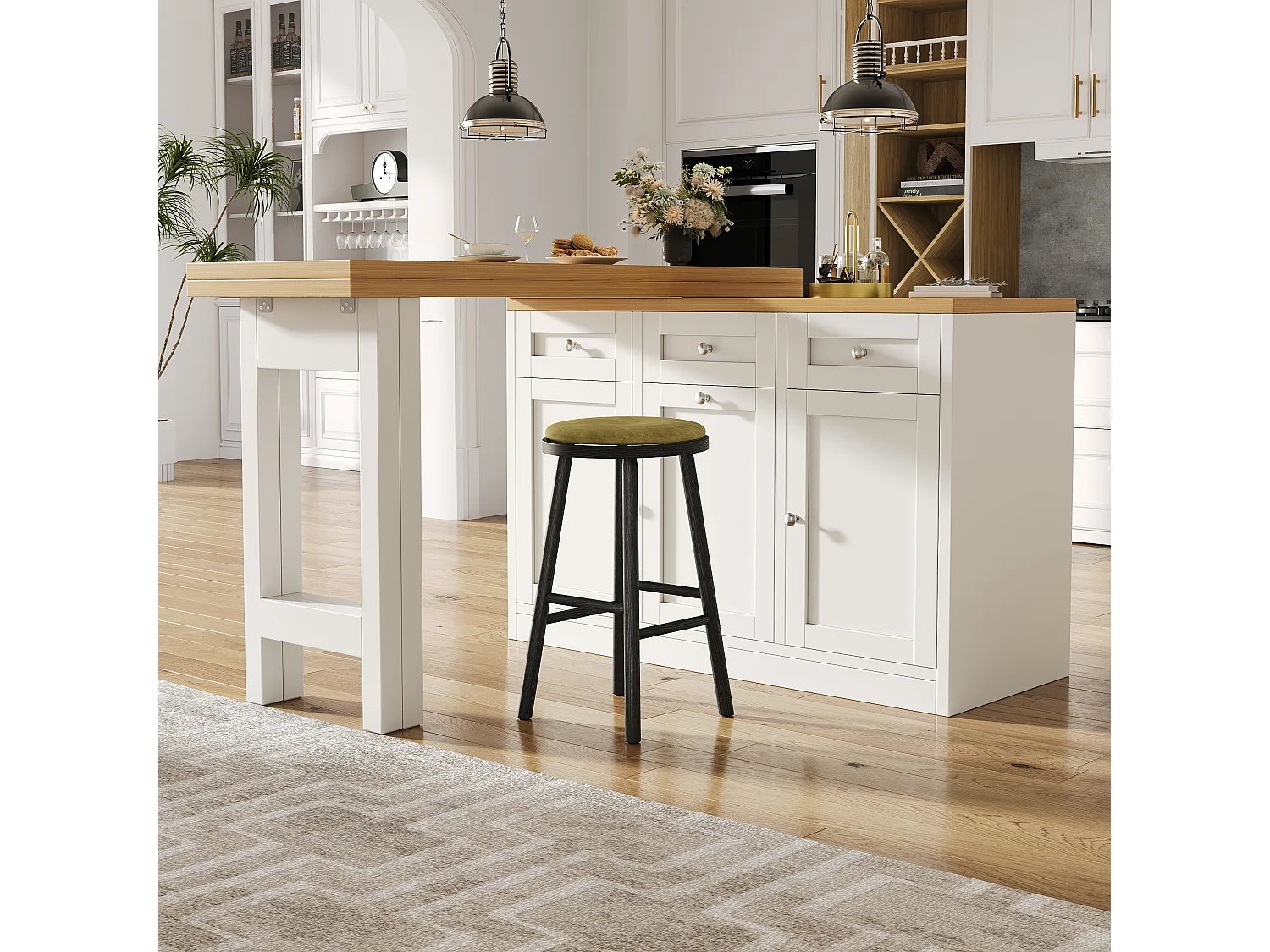 Extendable Bar Table 120-200 cm, Modular Dining Table with Drawer and Door Storage for Snacks - White