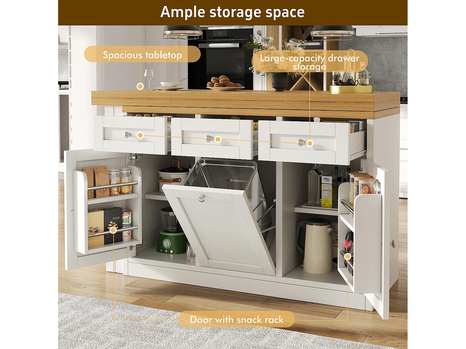 Extendable Bar Table 120-200 cm, Modular Dining Table with Drawer and Door Storage for Snacks - White