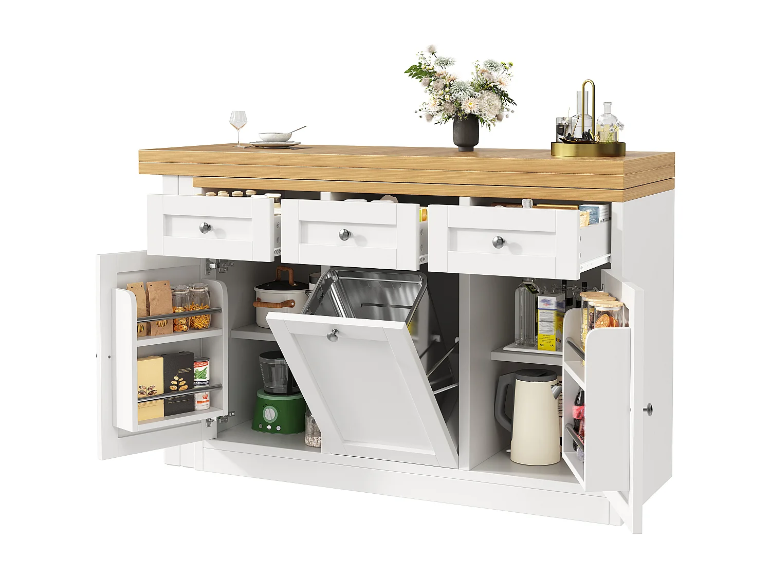 Extendable Bar Table 120-200 cm, Modular Dining Table with Drawer and Door Storage for Snacks - White