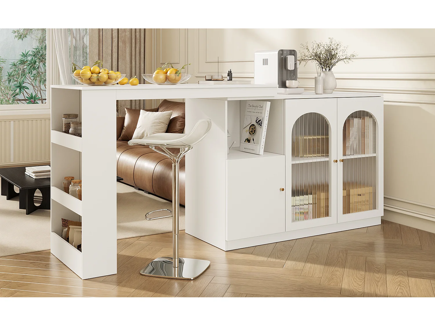 Sideboard, Rotating MDF Bar Cabinet - Large Storage Space - Contemporary Style - White