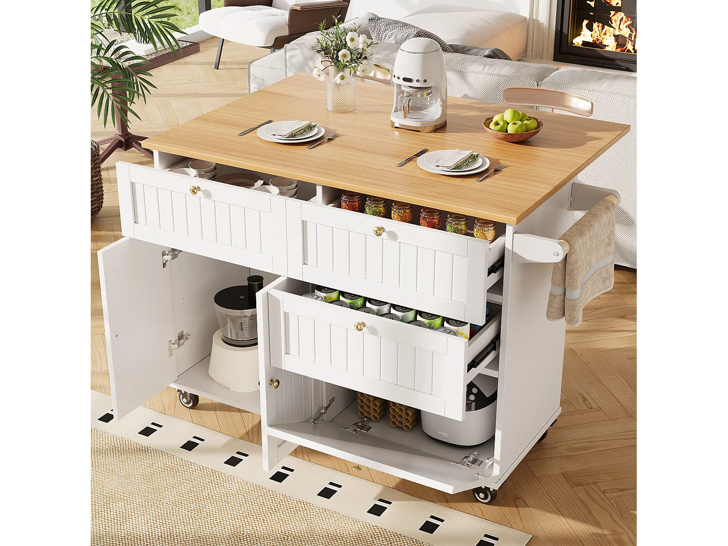 Mobile kitchen island - extendable top - 3 drawers and 2 doors - 1 drop-down door - with towel rail - MDF - white + natural