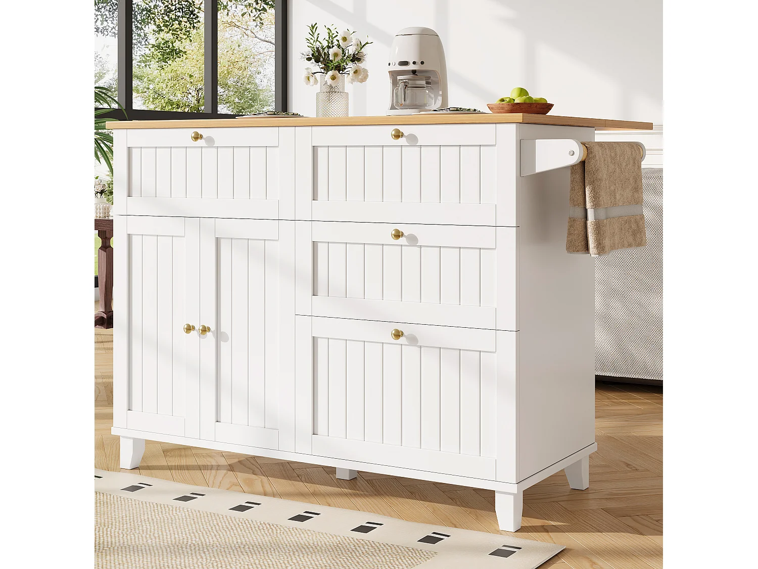Mobile kitchen island - extendable top - 3 drawers and 2 doors - 1 drop-down door - with towel rail - MDF - white + natural
