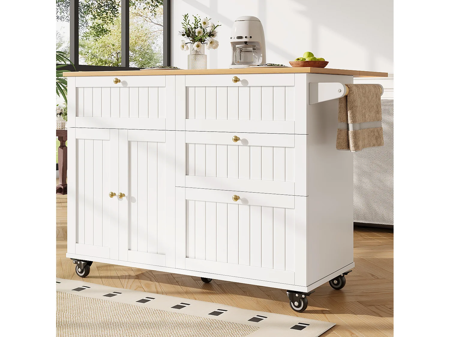 Mobile kitchen island - extendable top - 3 drawers and 2 doors - 1 drop-down door - with towel rail - MDF - white + natural
