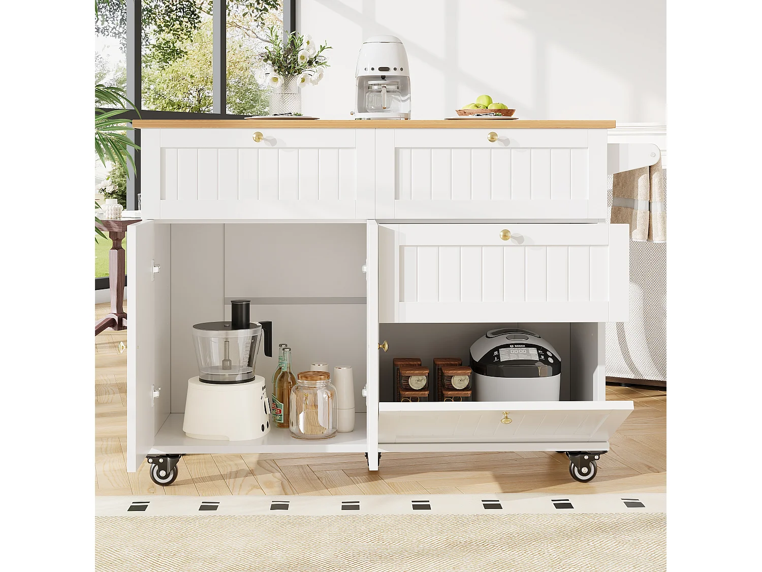 Mobile kitchen island - extendable top - 3 drawers and 2 doors - 1 drop-down door - with towel rail - MDF - white + natural