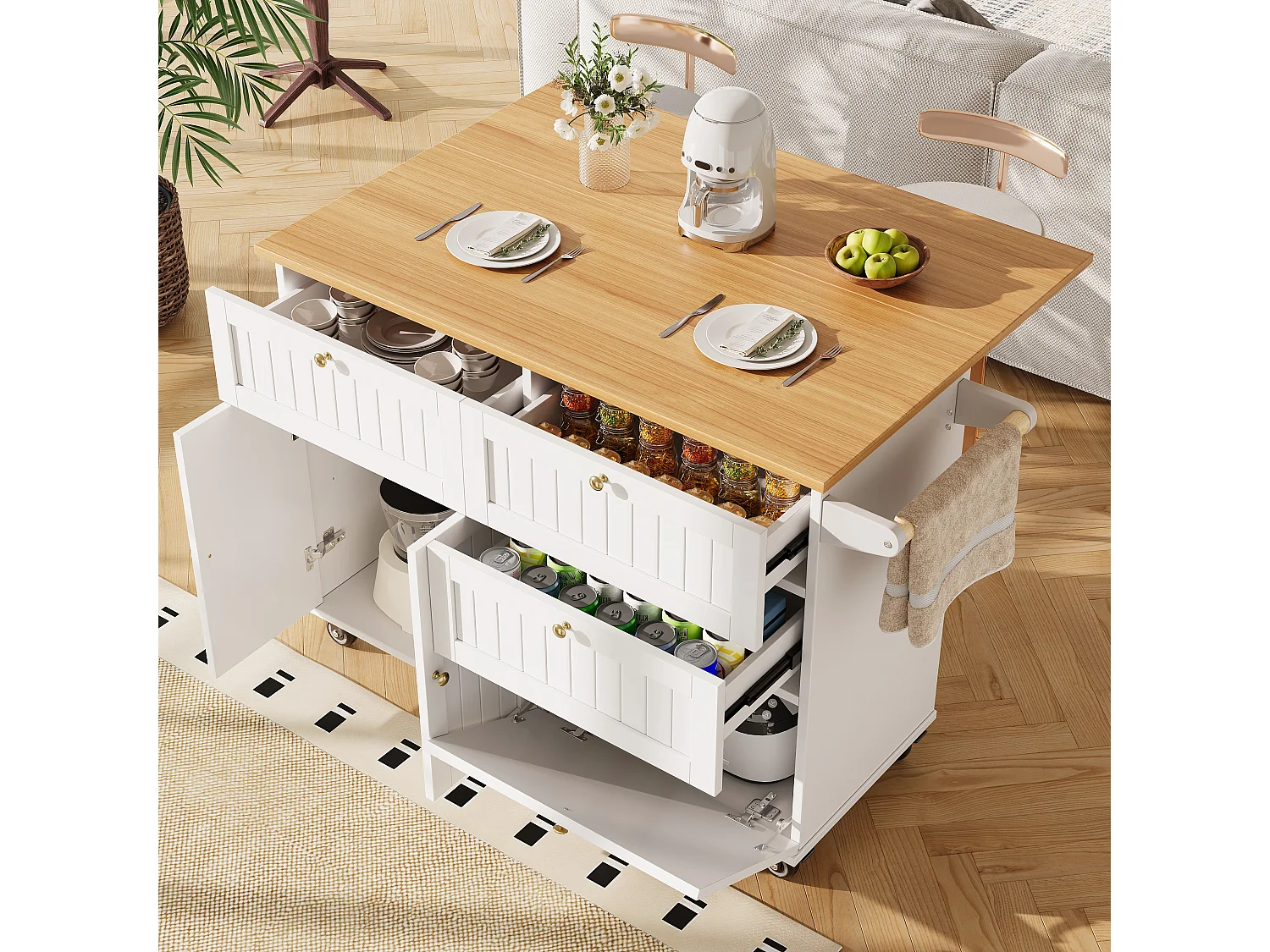 Mobile kitchen island - extendable top - 3 drawers and 2 doors - 1 drop-down door - with towel rail - MDF - white + natural
