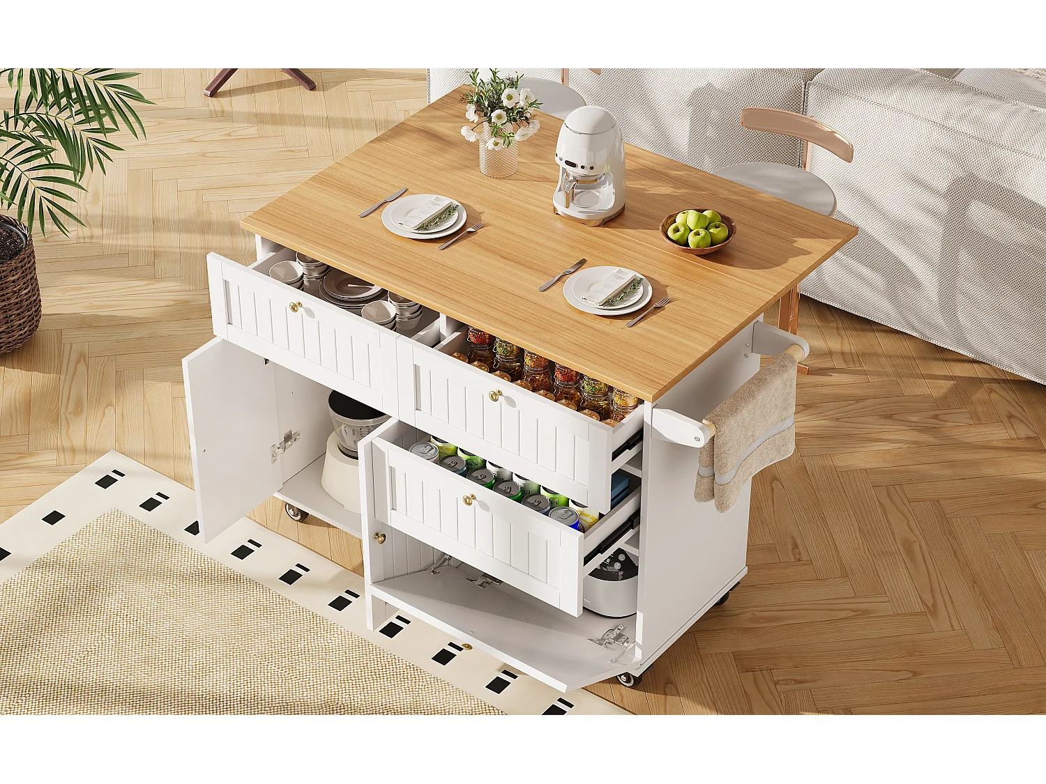 Mobile kitchen island - extendable top - 3 drawers and 2 doors - 1 drop-down door - with towel rail - MDF - white + natural