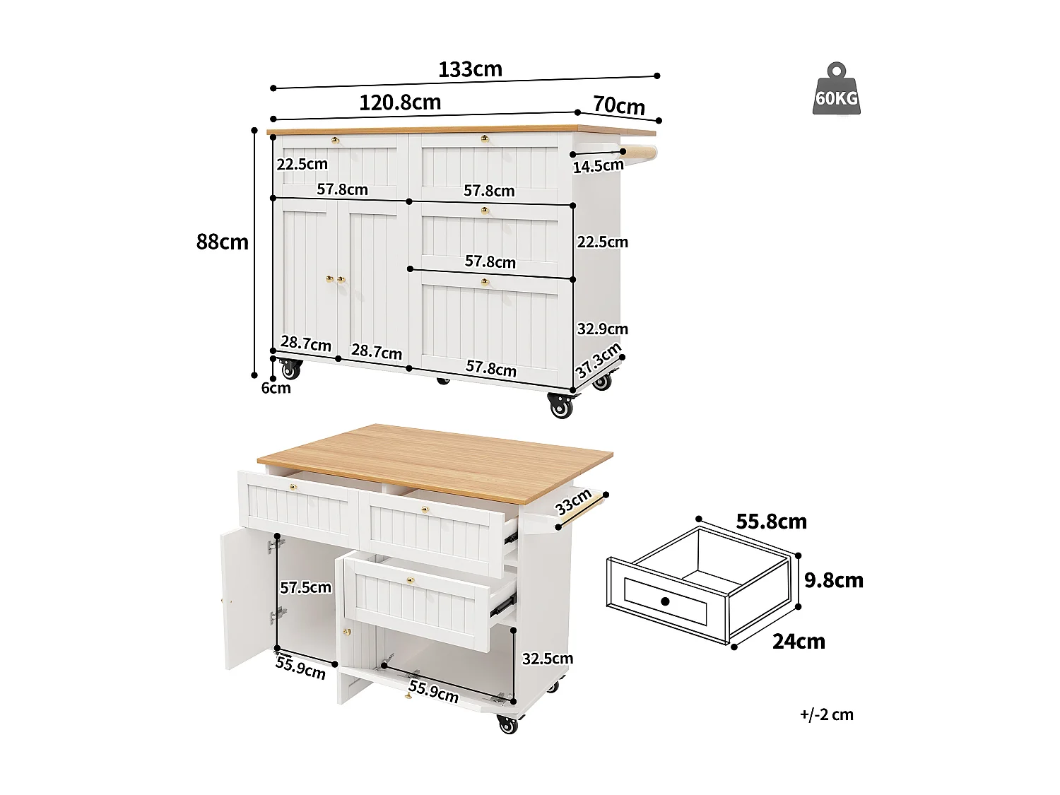 Mobile kitchen island - extendable top - 3 drawers and 2 doors - 1 drop-down door - with towel rail - MDF - white + natural