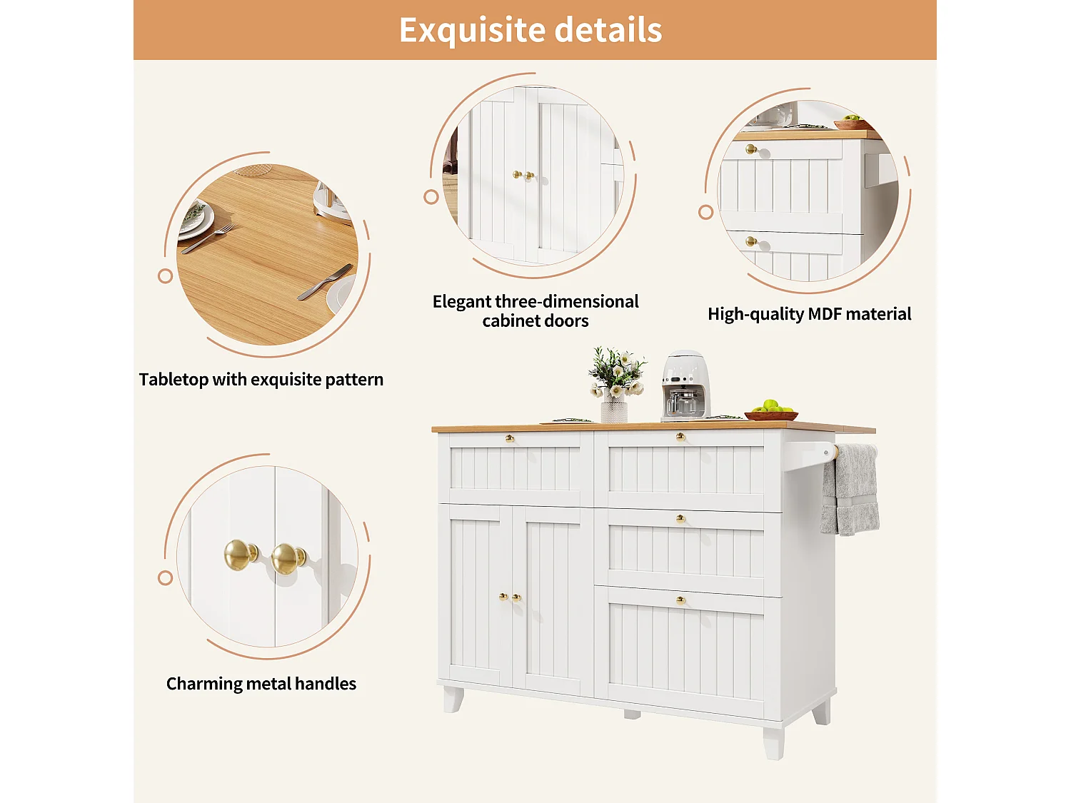 Mobile kitchen island - extendable top - 3 drawers and 2 doors - 1 drop-down door - with towel rail - MDF - white + natural