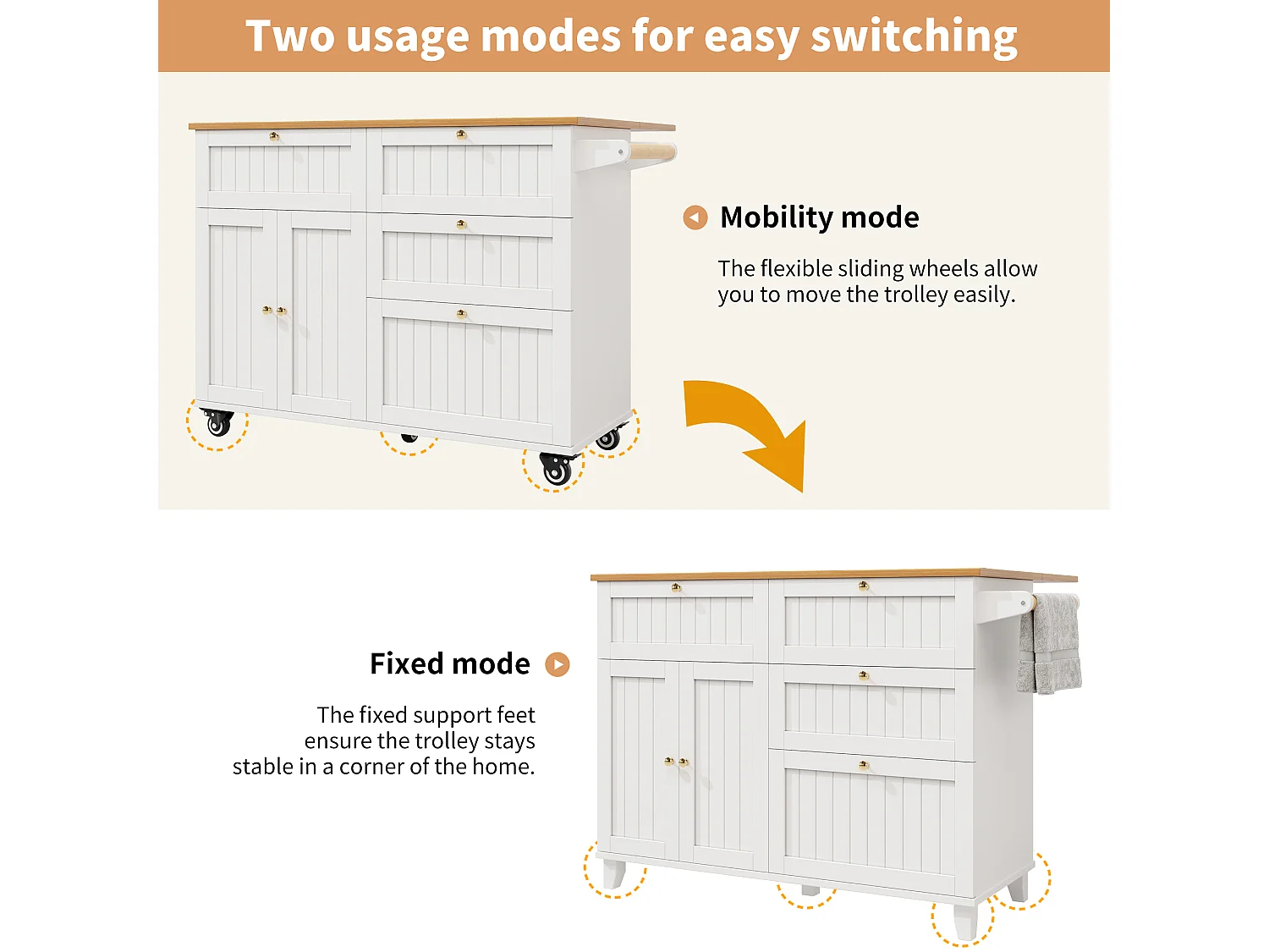 Mobile kitchen island - extendable top - 3 drawers and 2 doors - 1 drop-down door - with towel rail - MDF - white + natural